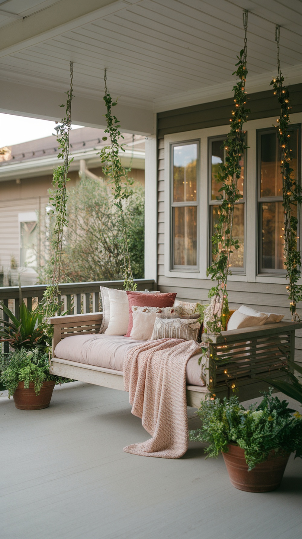 A cozy porch swing bed with pillows and a blanket, surrounded by plants.