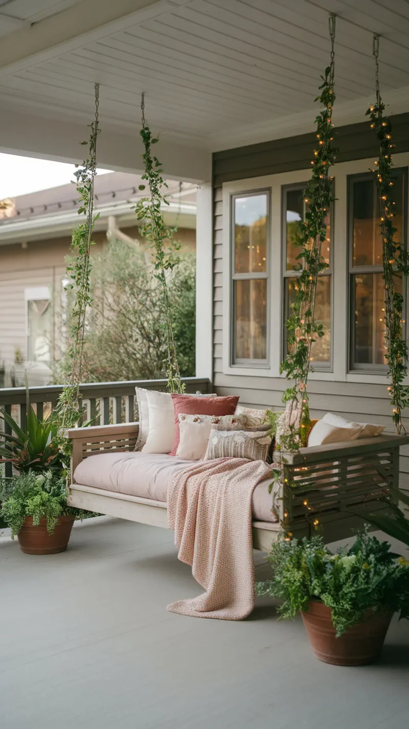 A cozy porch swing bed with pillows and a blanket, surrounded by plants.
