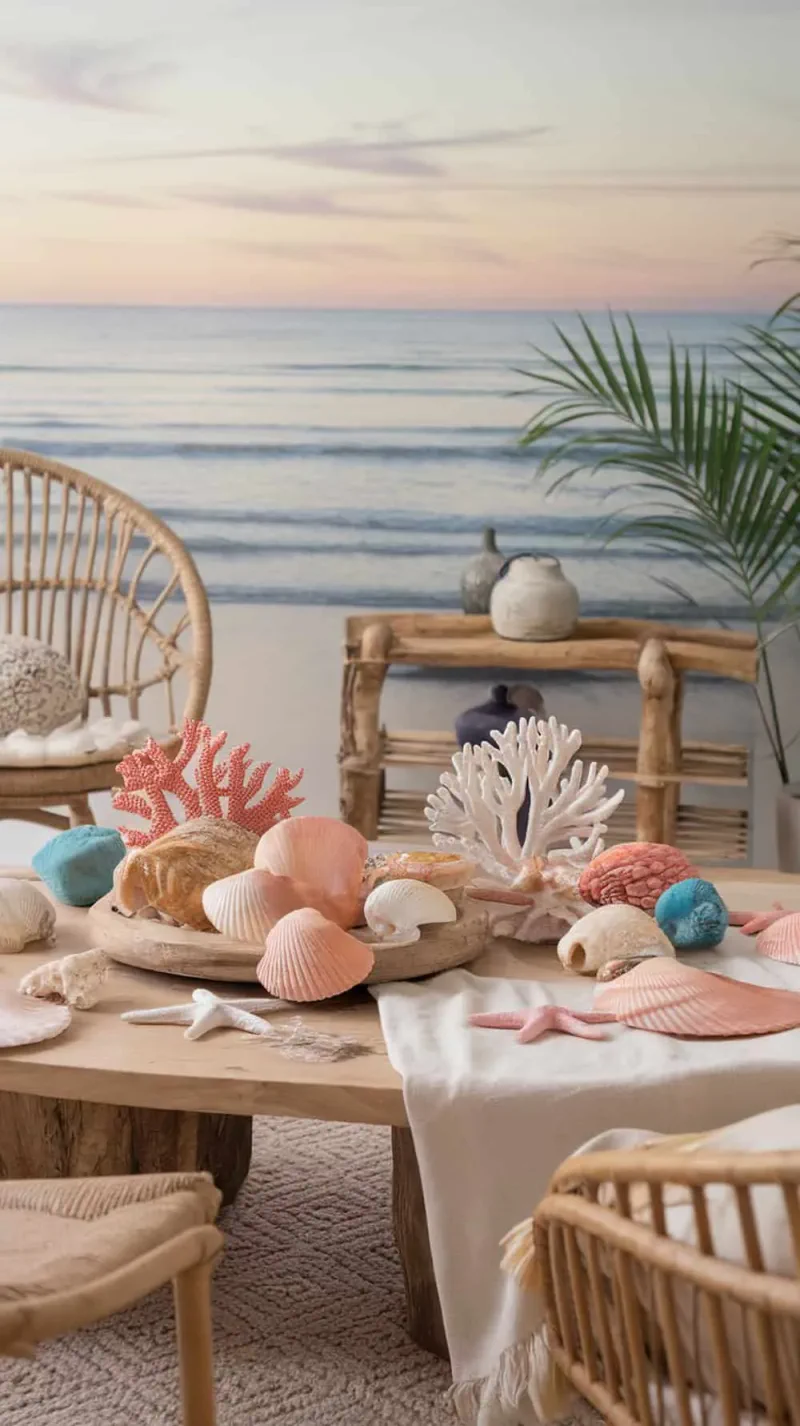 A living room table decorated with various shells and coral pieces, with a beach background.