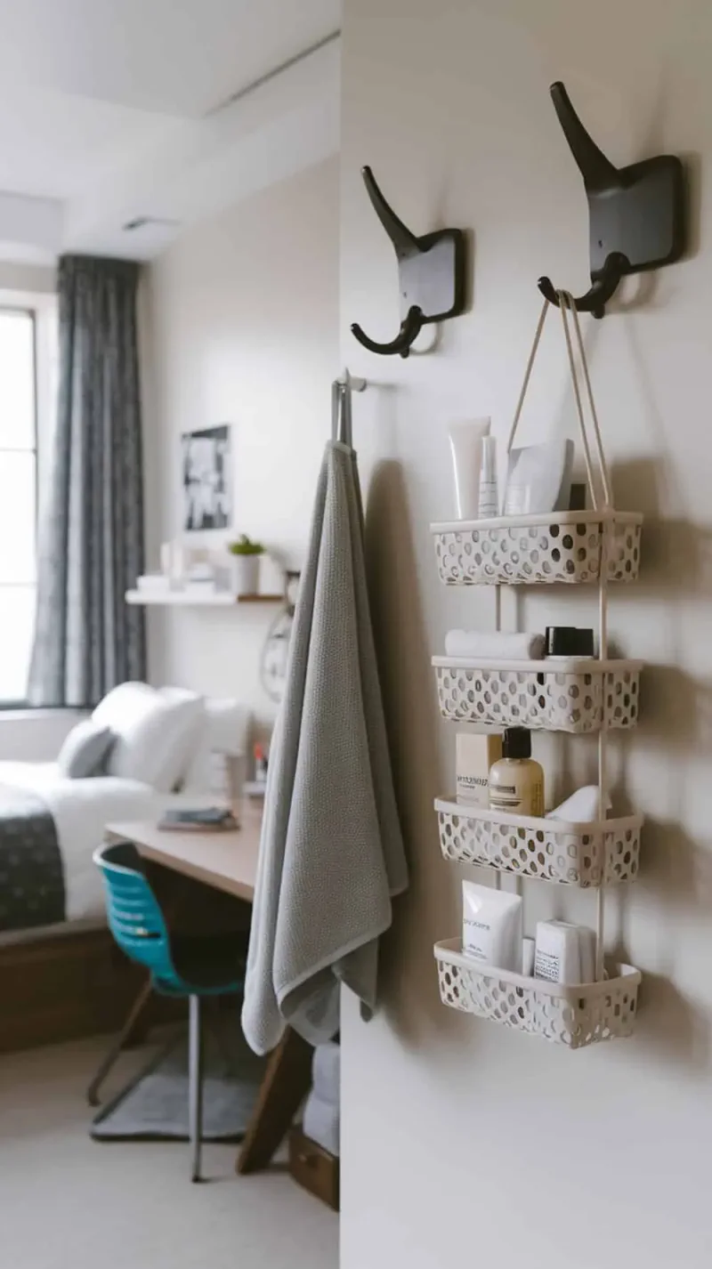 A shower caddy and hooks on a wall in a dorm room, showcasing organized bath essentials.