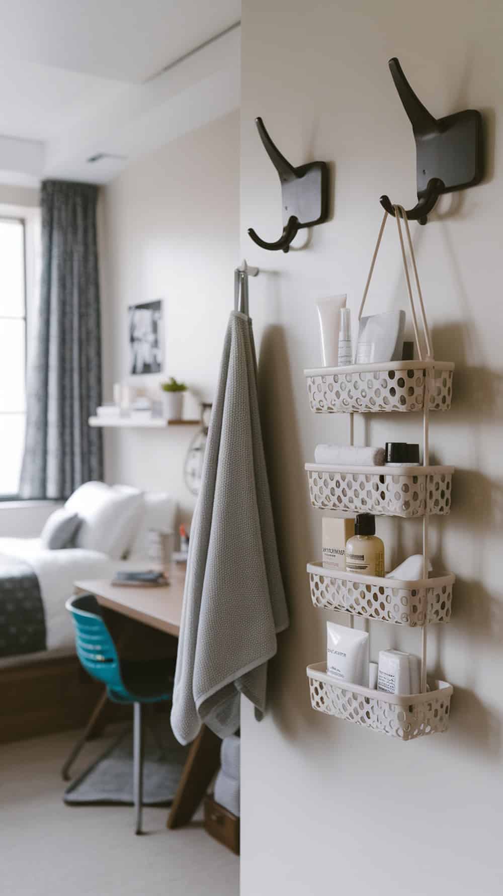 A shower caddy and hooks on a wall in a dorm room, showcasing organized bath essentials.