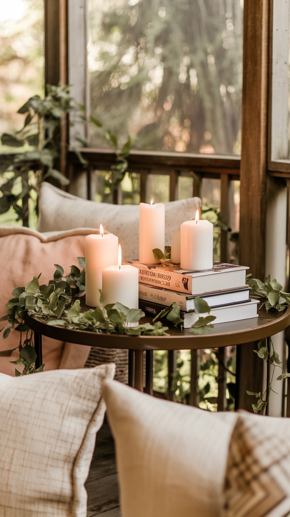A cozy side table on a screened porch with candles and books.