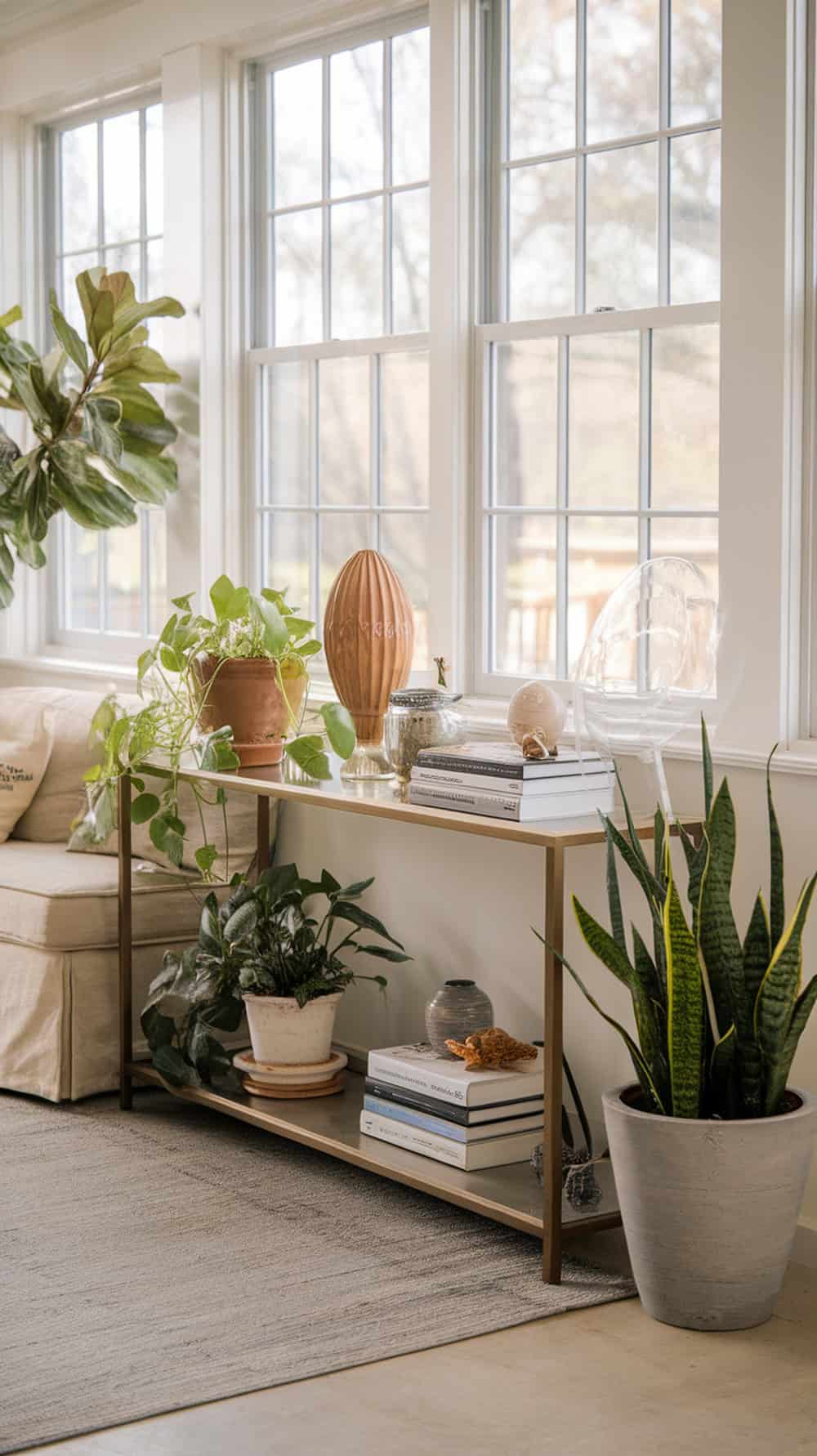 A slim console table behind a sofa in a sunroom with plants and decorative items.