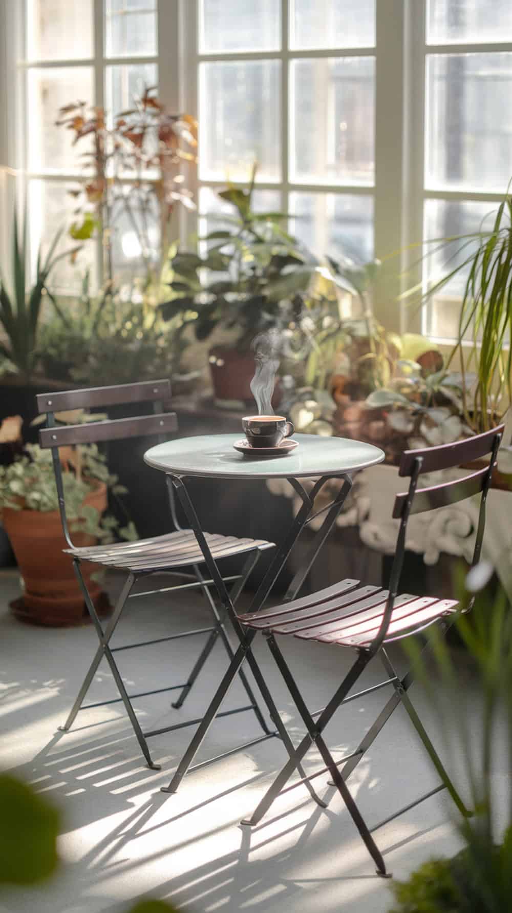A small bistro set with a steaming cup of coffee sits in a cozy sunroom surrounded by indoor plants.