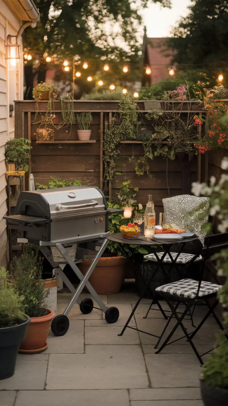 A small patio corner featuring a fold-out grill, a table with food, and string lights for a cozy atmosphere.