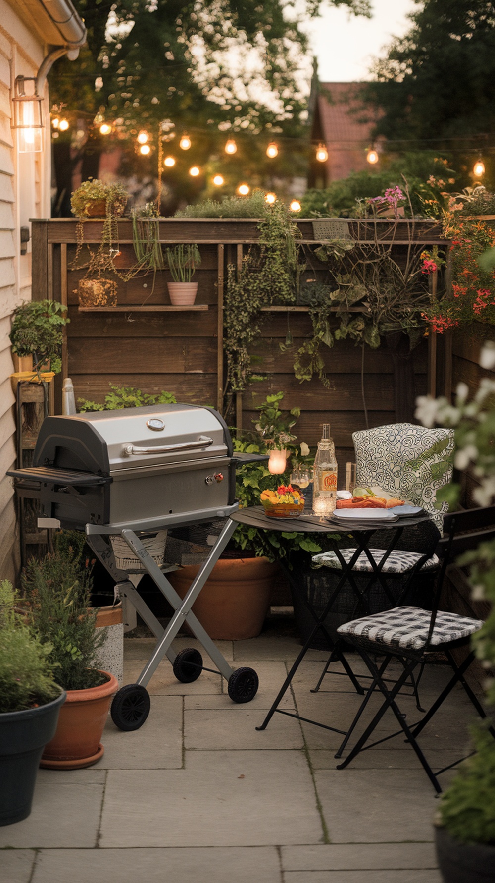 A small patio corner featuring a fold-out grill, a table with food, and string lights for a cozy atmosphere.