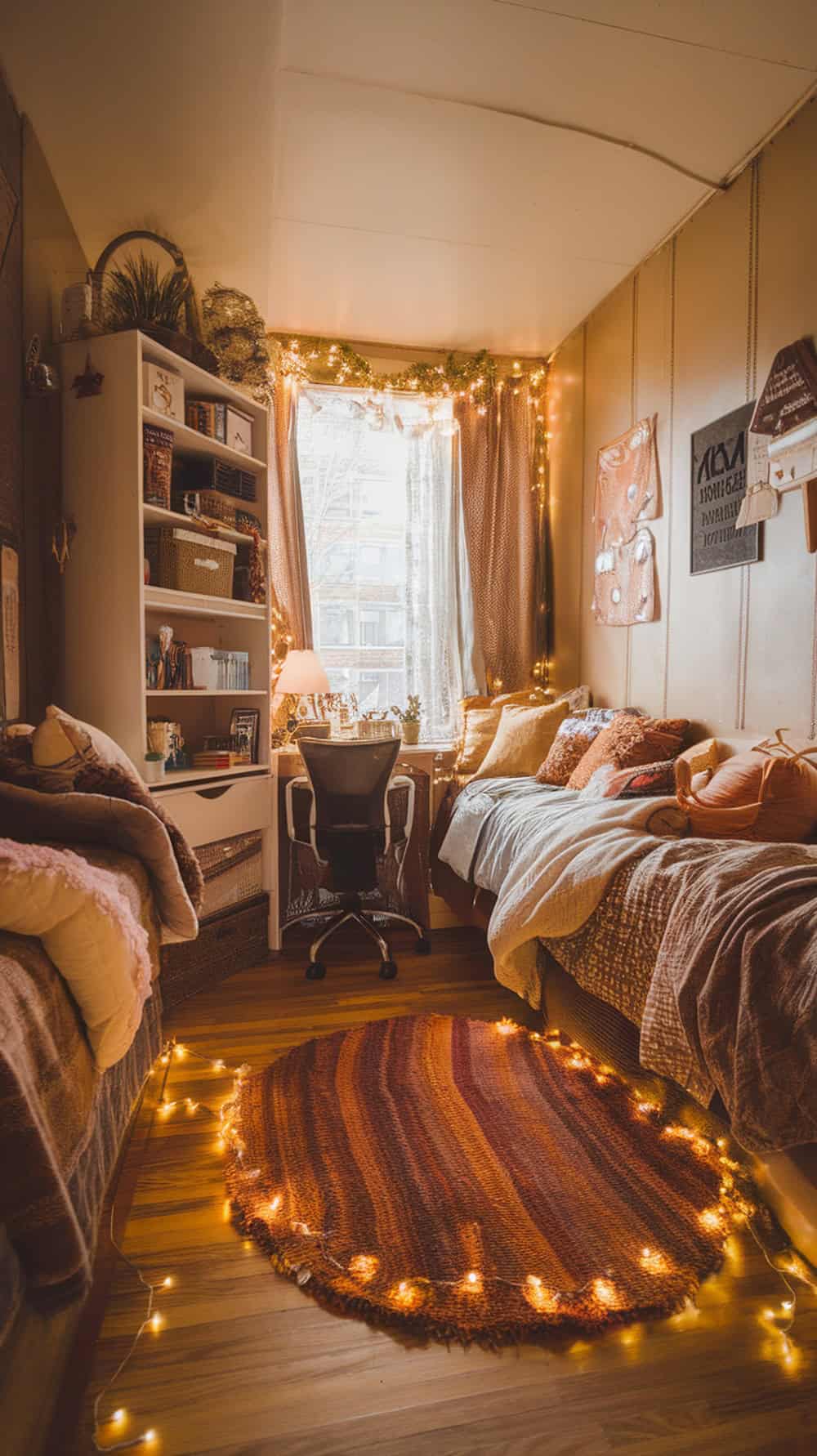 A cozy college dorm room featuring a small round rug with lights, warm bedding, and a study area.