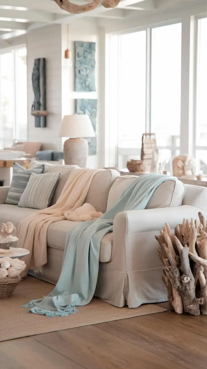 A living room decorated with soft blue and sand-colored blankets on a cozy couch.