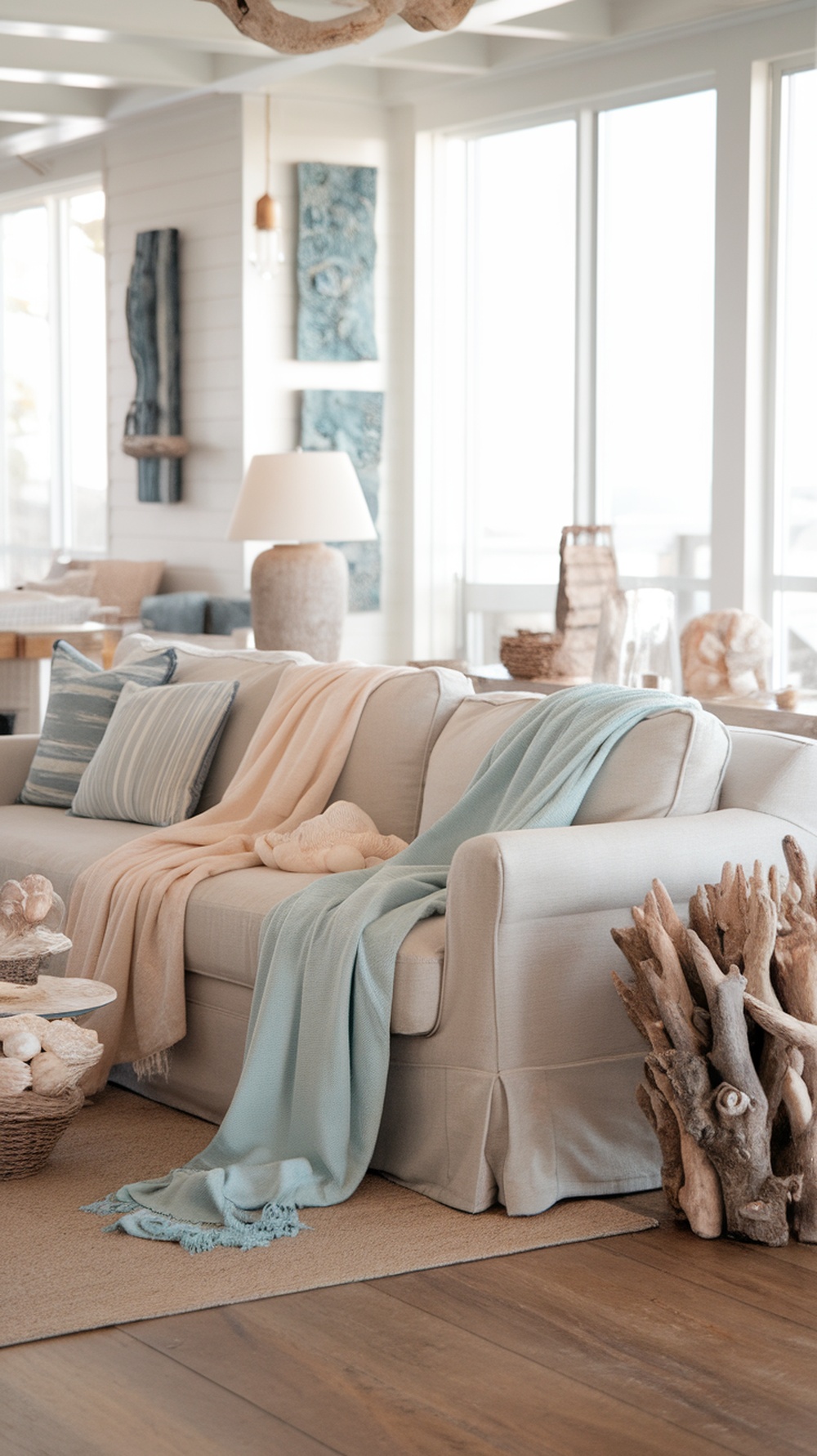 A living room decorated with soft blue and sand-colored blankets on a cozy couch.