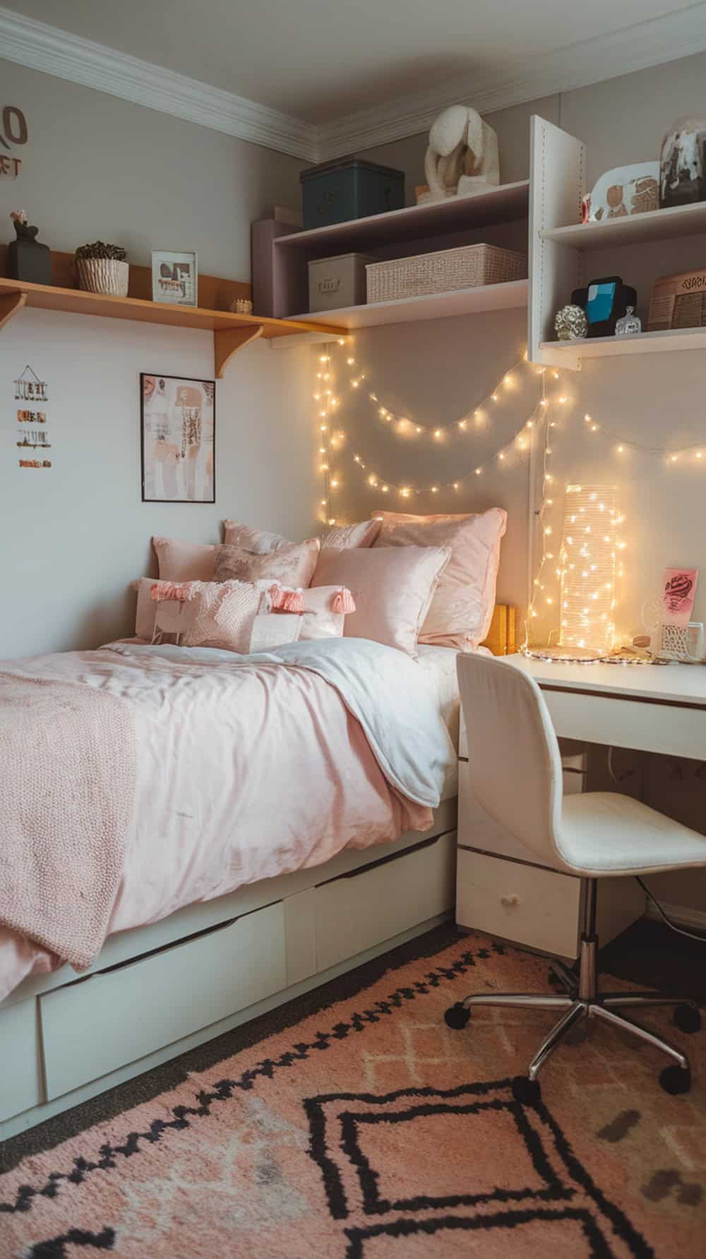 A cozy dorm room with soft blush bedding, matching throw pillows, and fairy lights.