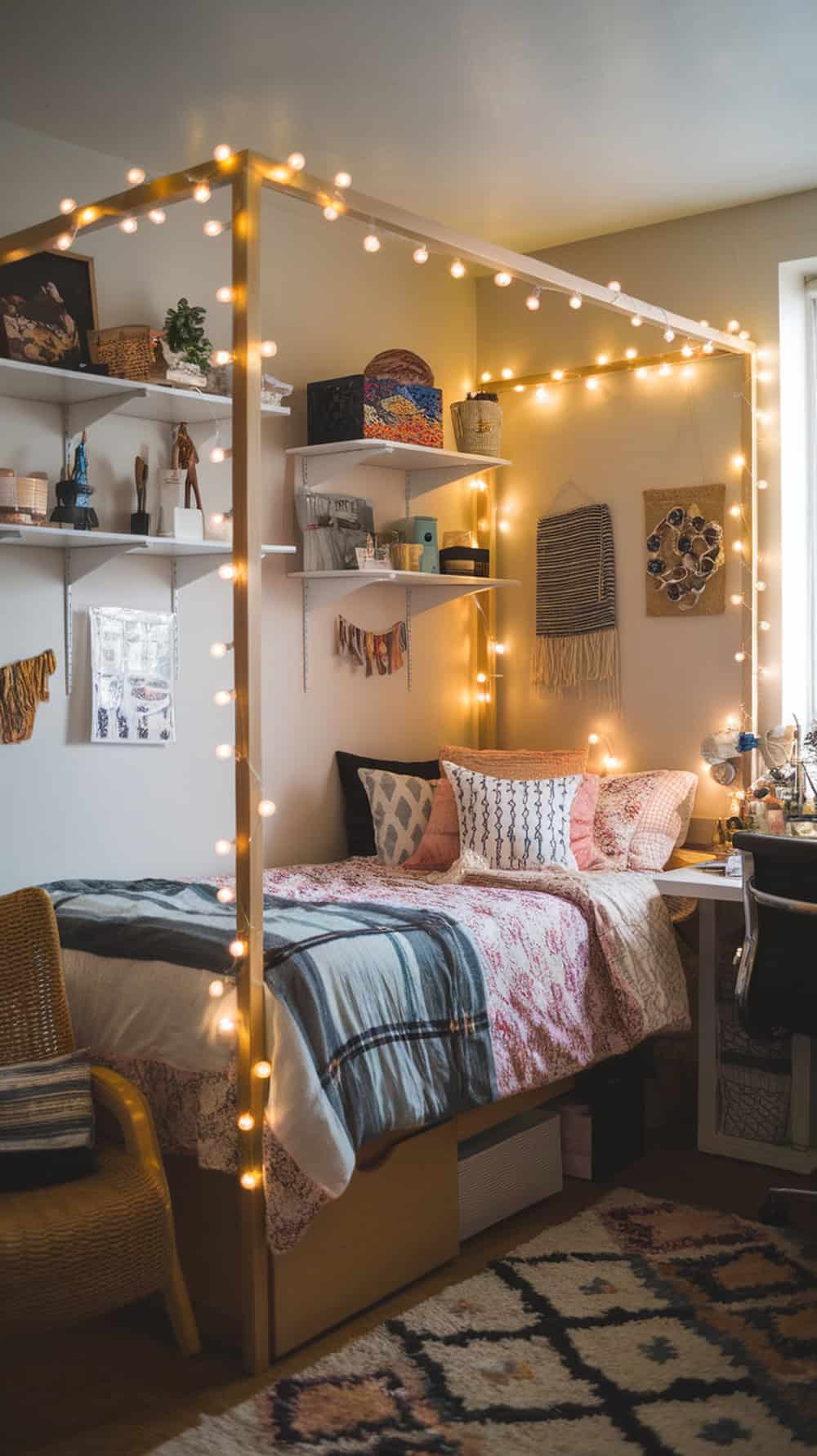Cozy dorm room with soft string lights around the bed frame, creating a warm atmosphere.