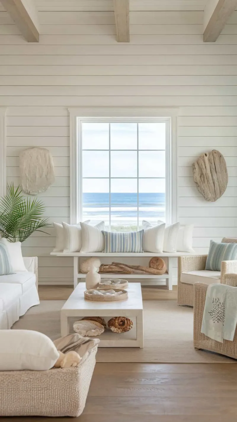 Beach living room with soft white walls and light wood accents