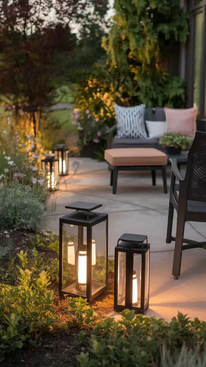 A cozy back patio with solar-powered lanterns illuminating the space