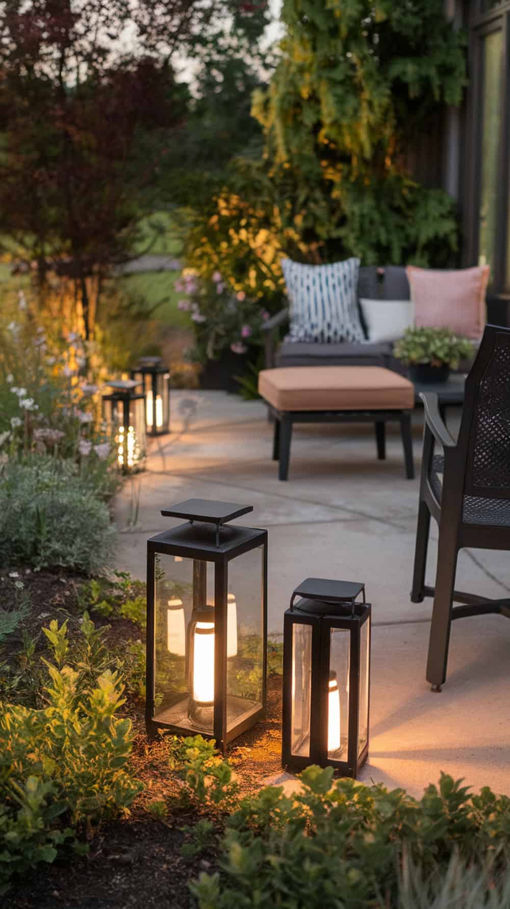 A cozy back patio with solar-powered lanterns illuminating the space