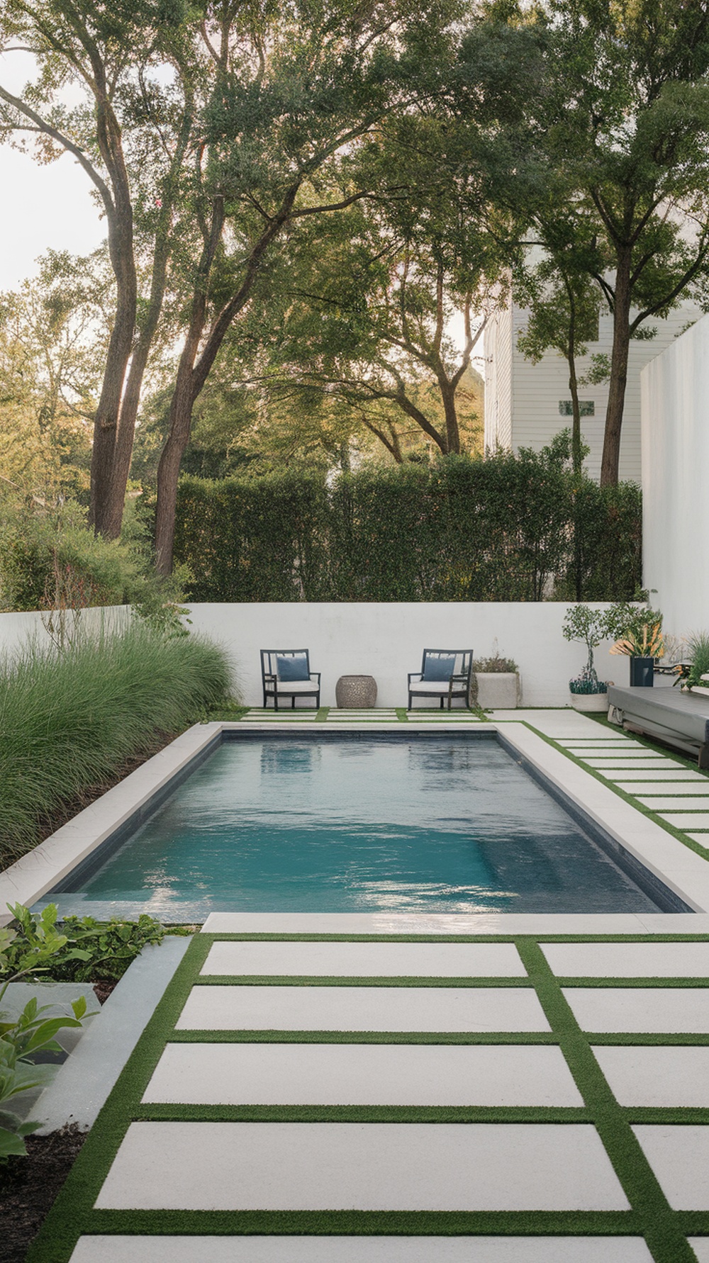A modern square pool with floating steps, surrounded by greenery and a stylish patio.