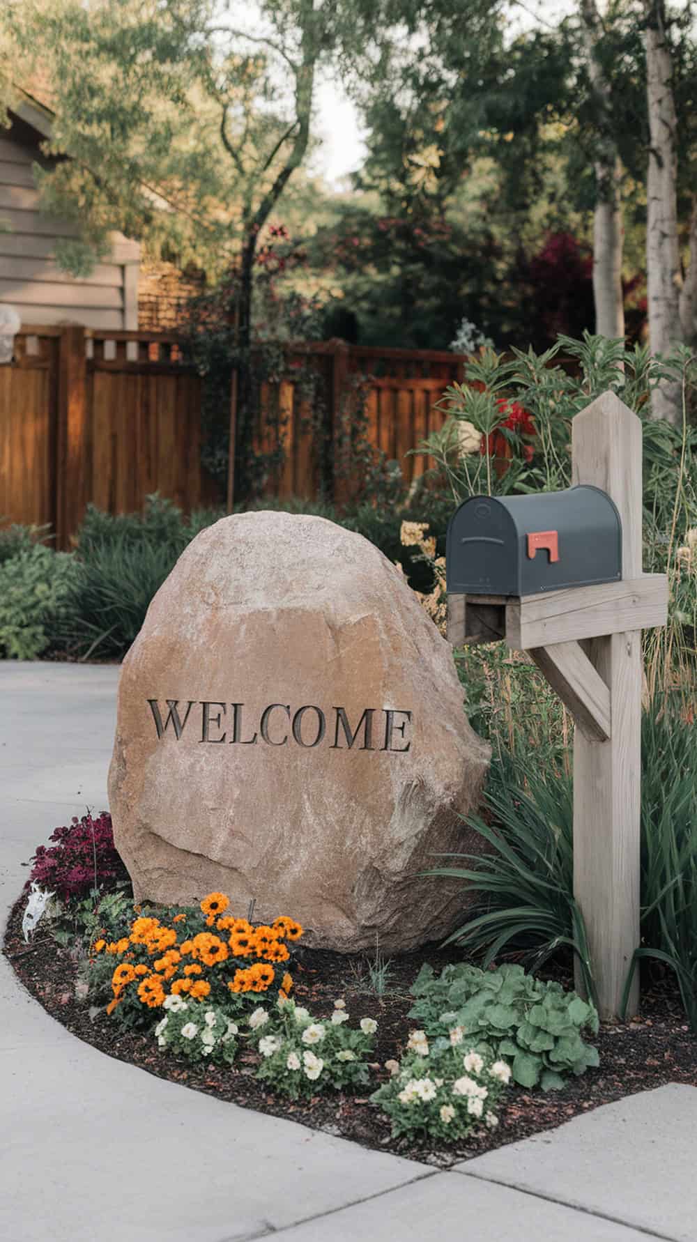 A large boulder with the word 'WELCOME' near a mailbox, surrounded by colorful flowers.