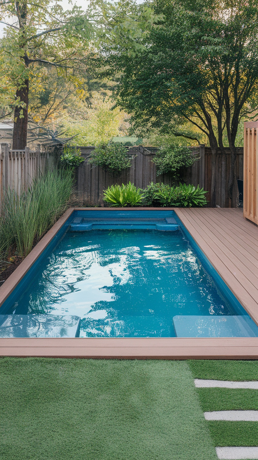 A stock tank pool surrounded by a wooden deck and green plants.