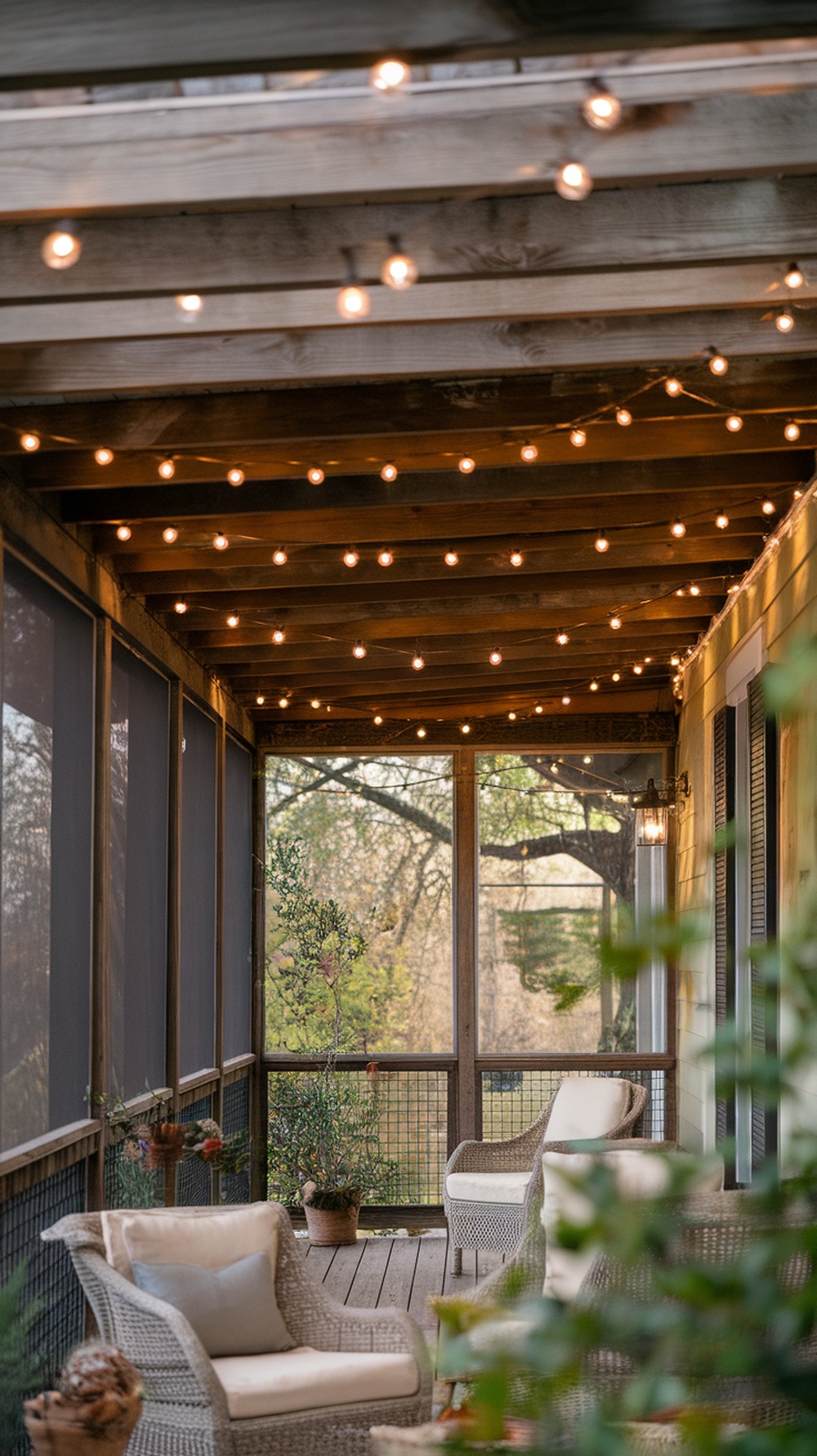 Cozy screened-in porch with string lights wrapped around wooden beams.
