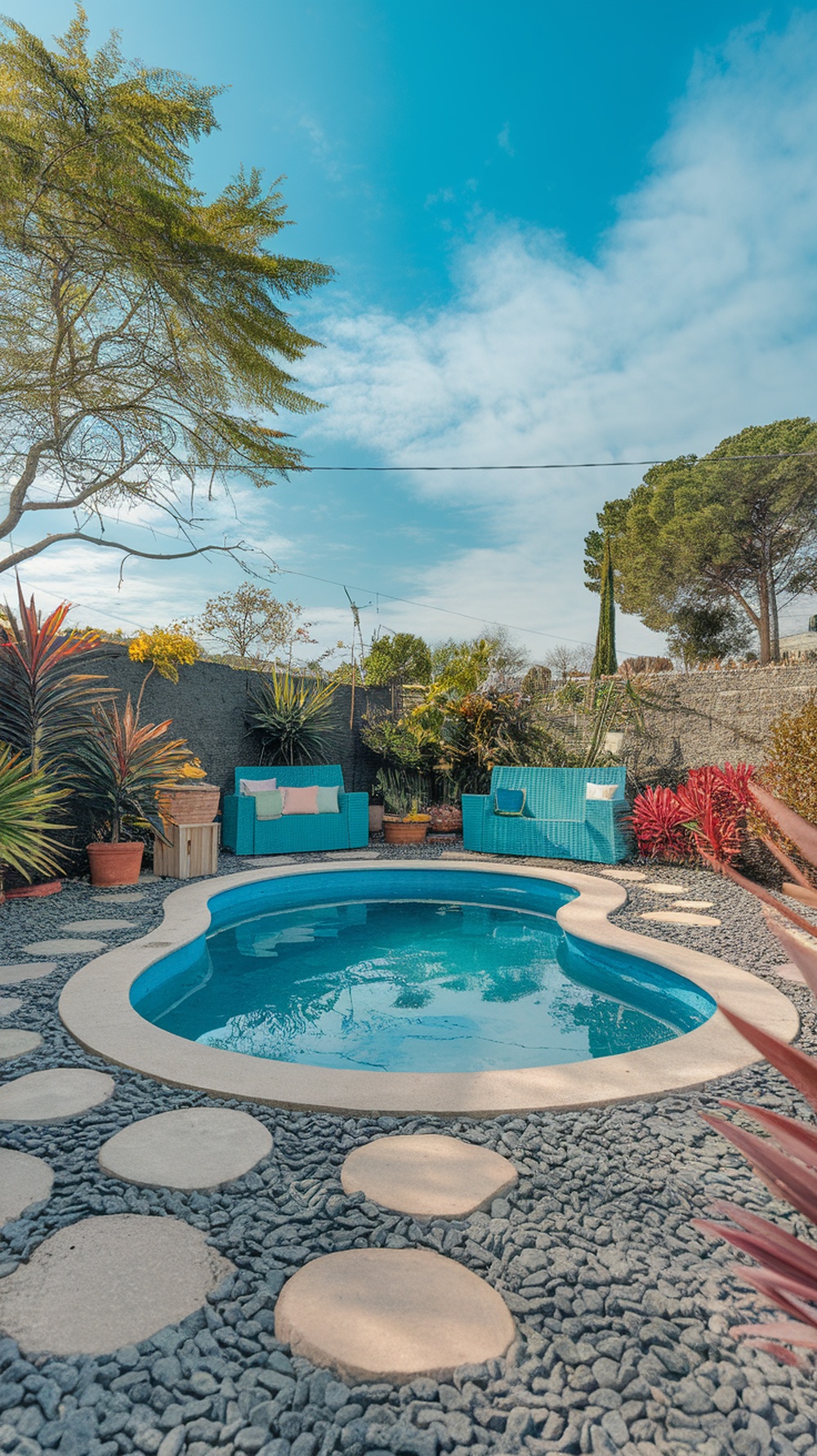 A sunken pool surrounded by gravel and colorful plants with blue chairs nearby.