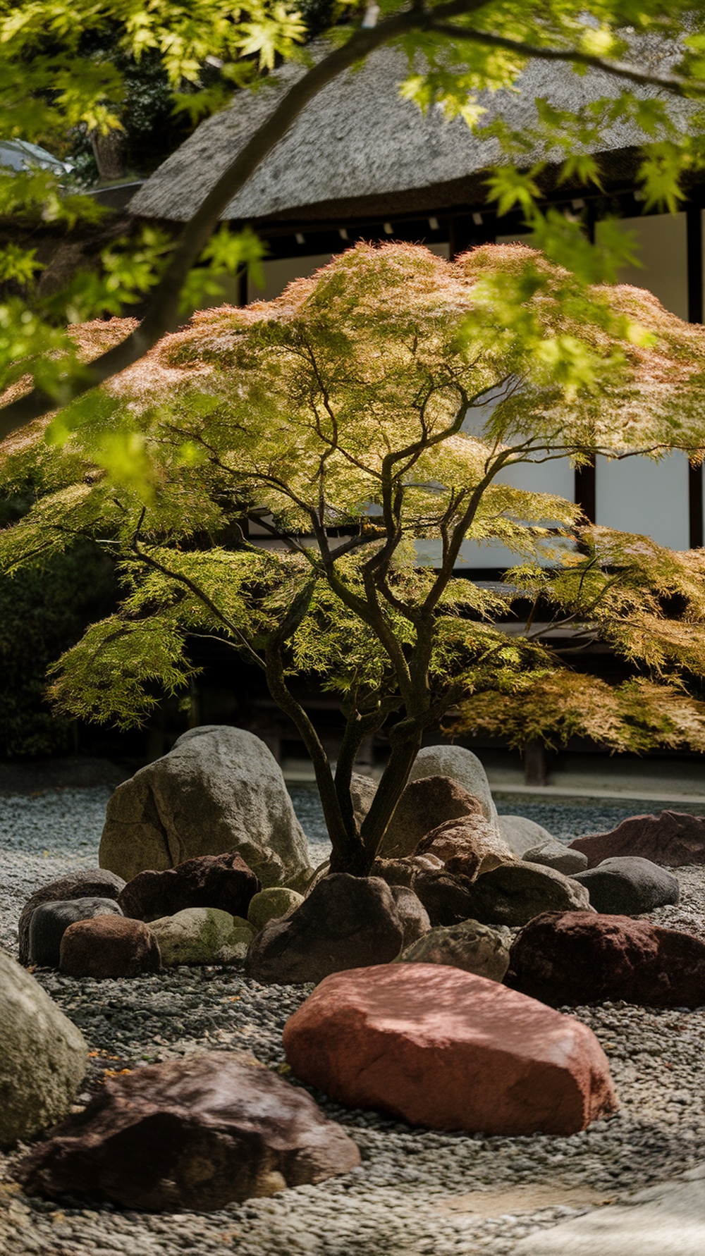 Japanese maple tree surrounded by decorative rocks