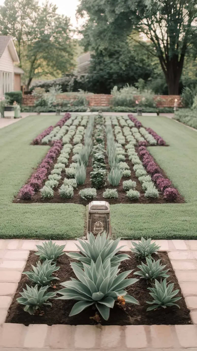 A symmetrical front yard with rows of purple flowers and green plants arranged neatly.