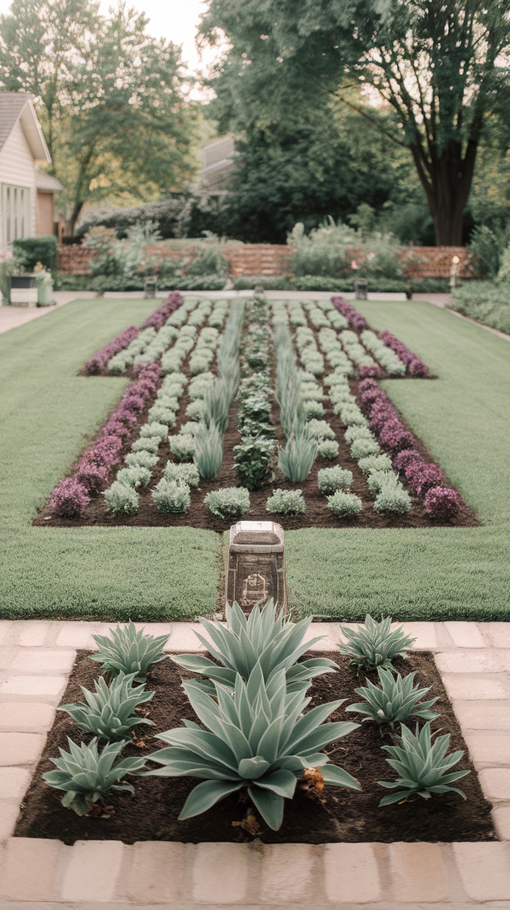 A symmetrical front yard with rows of purple flowers and green plants arranged neatly.