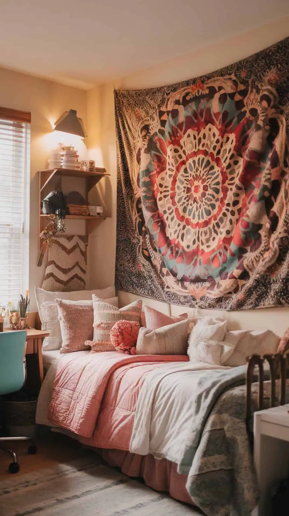 Cozy dorm room with tapestry and colorful bedding.