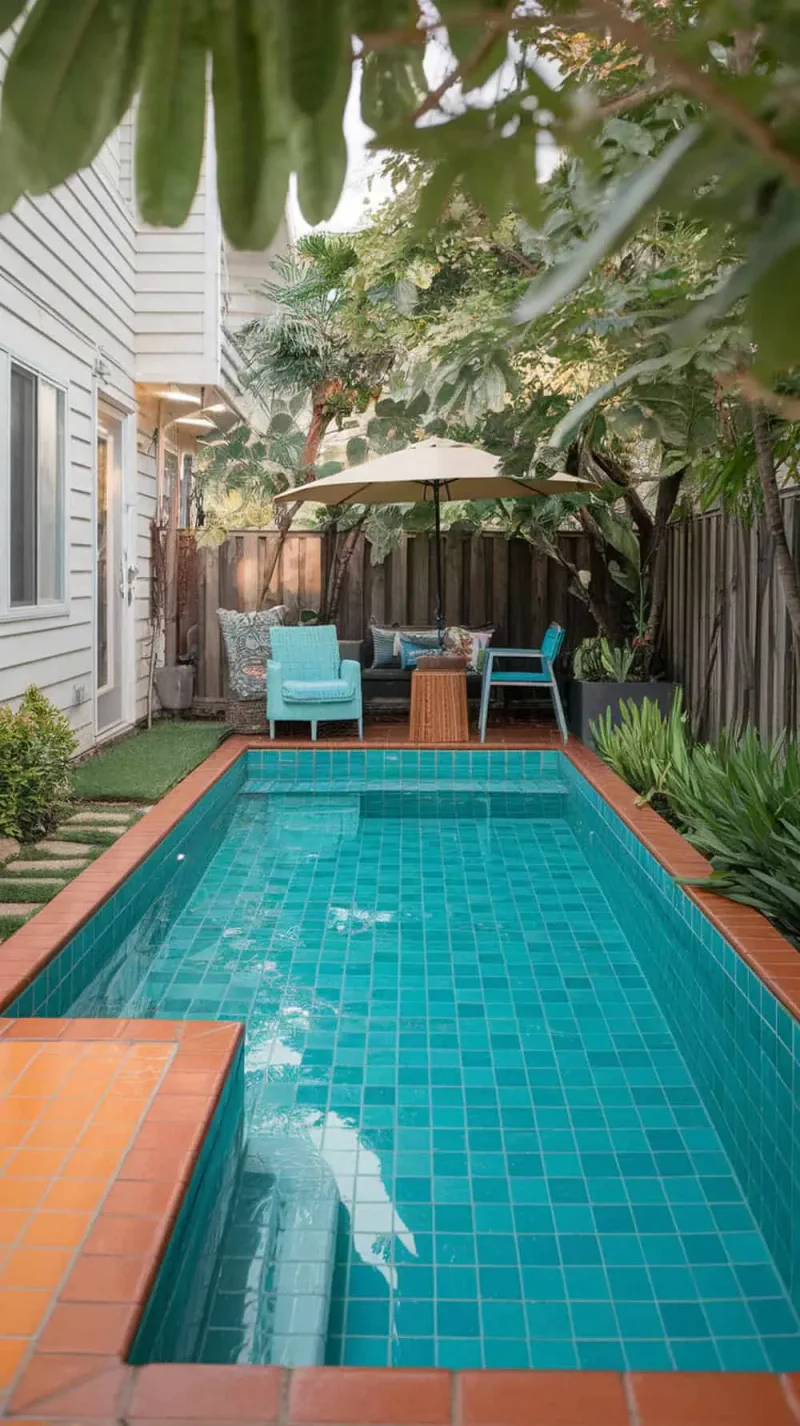 A small pool with bright blue tiles and orange accents, surrounded by plants and outdoor seating.