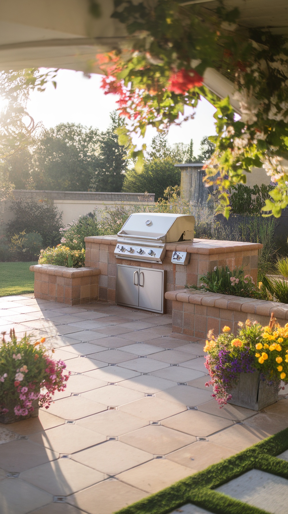 A bright backyard patio featuring a BBQ grill surrounded by colorful planters and tiled flooring.