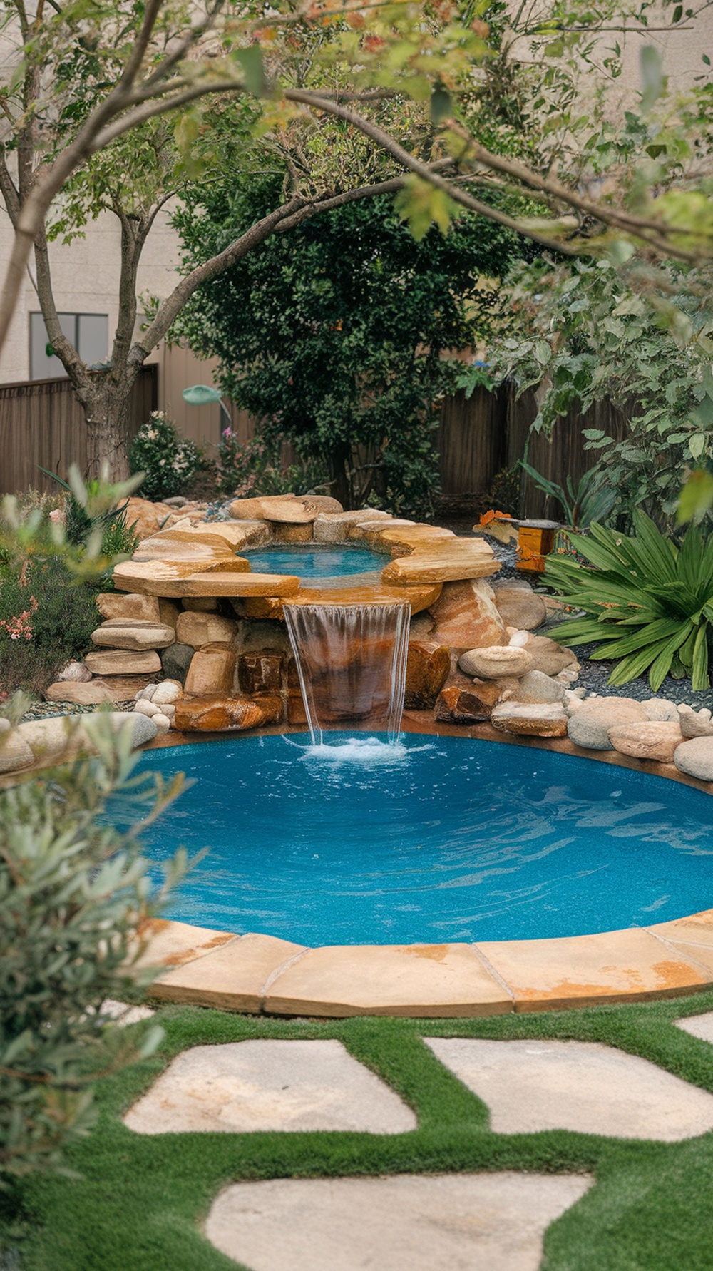 A small pool with a waterfall feature surrounded by rocks and plants.