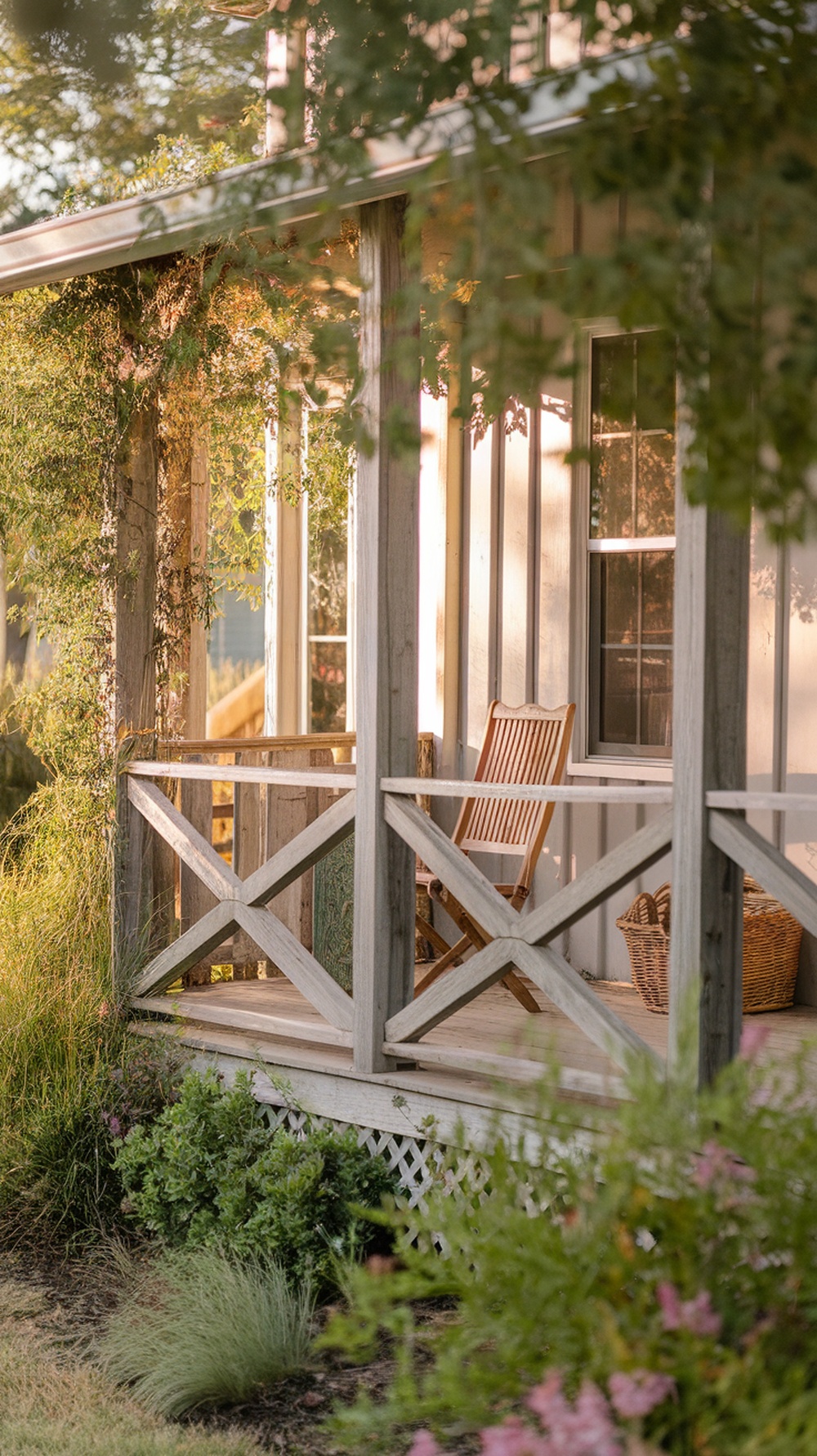 A cozy farmhouse porch featuring a crossbuck railing with a rocking chair and surrounding greenery.