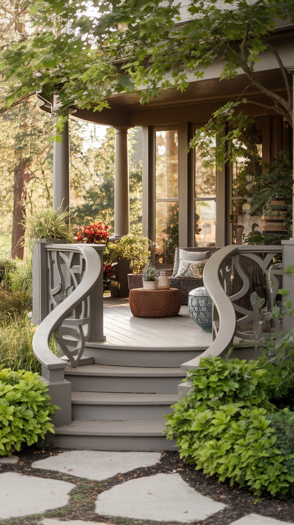 A porch with a unique curved railing design, surrounded by greenery and flowers, creating an inviting atmosphere.