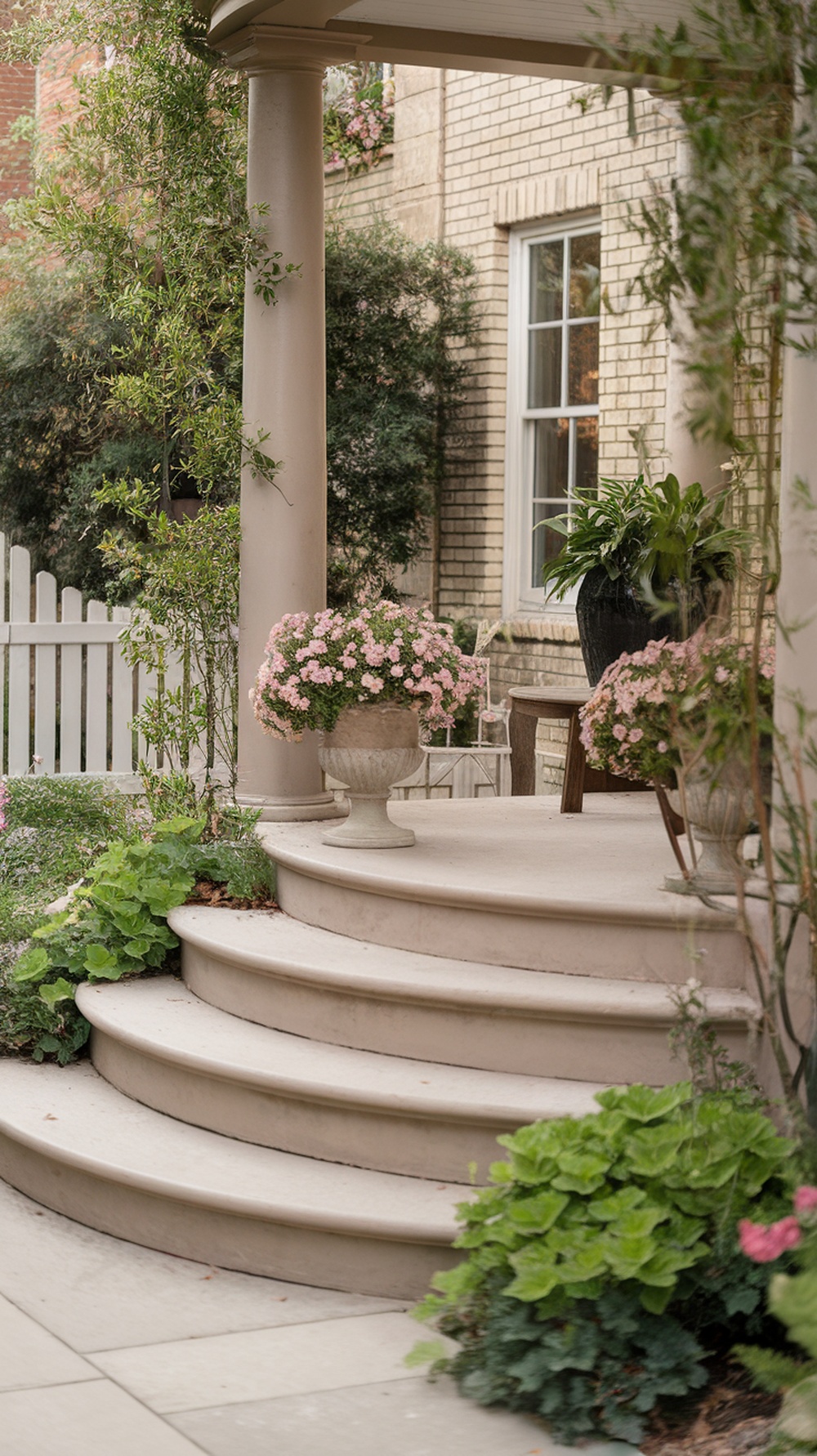 Curved front porch steps surrounded by plants and flowers