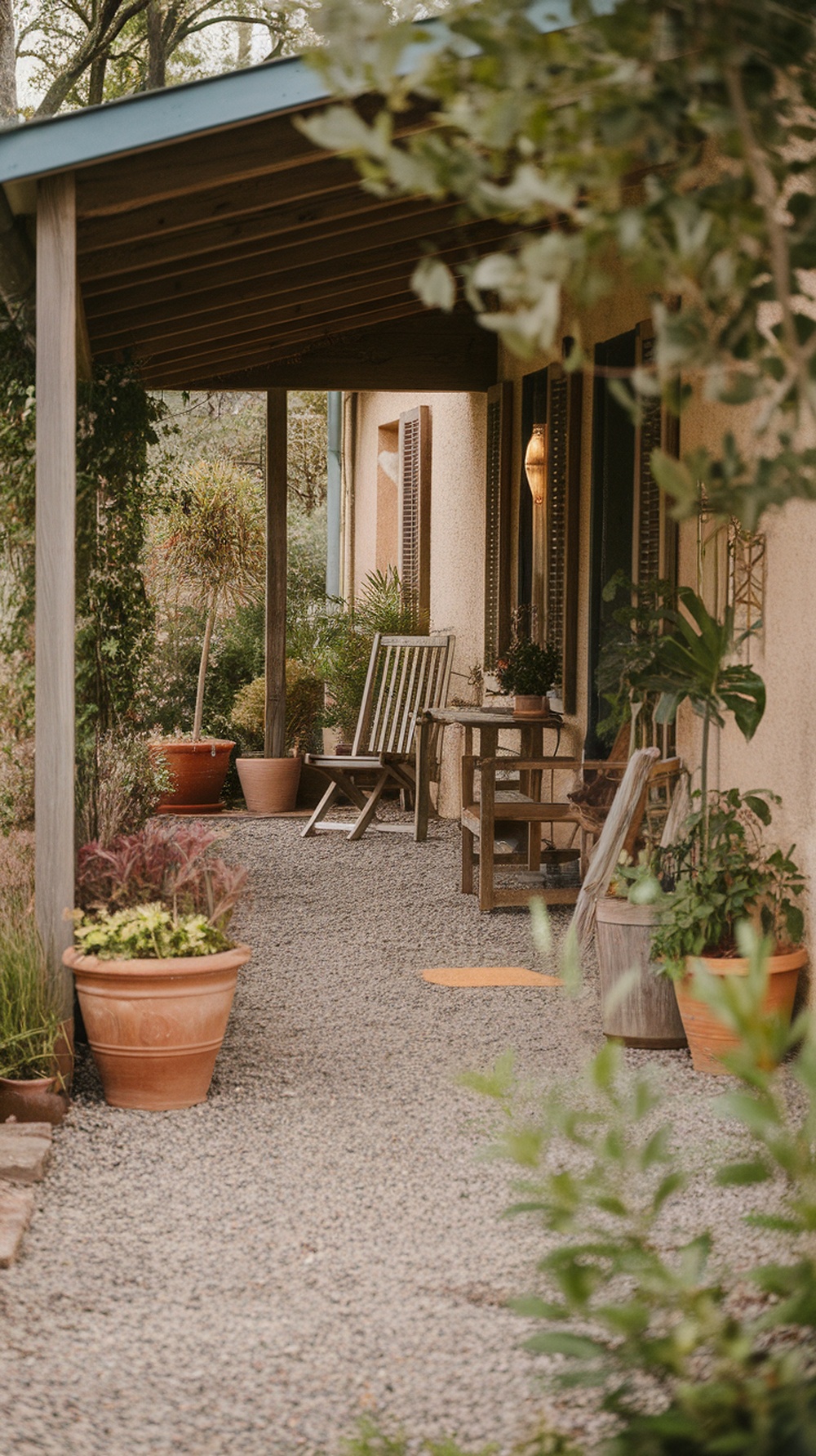 A rustic porch with gravel flooring, surrounded by potted plants and wooden furniture.