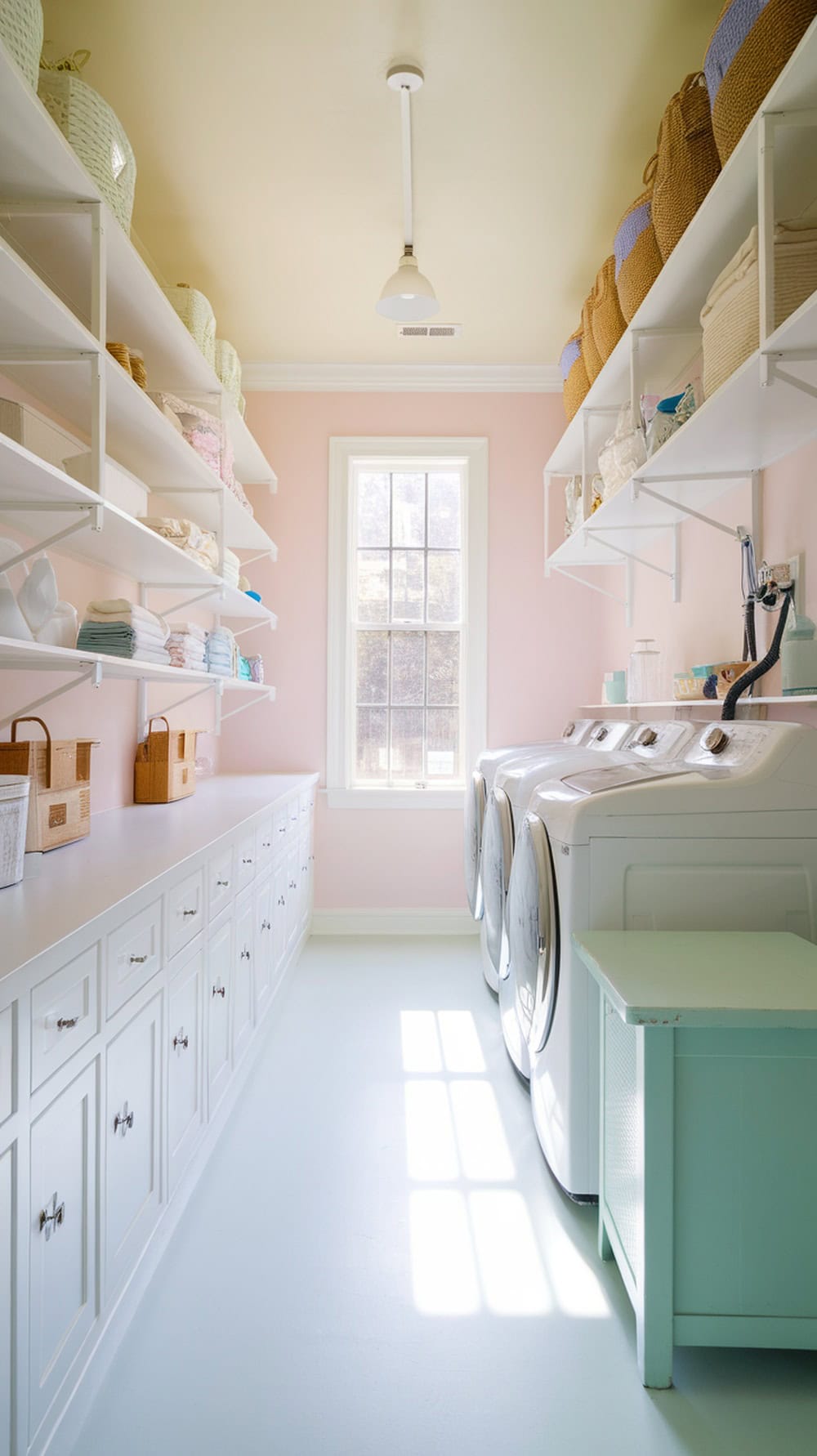 A bright and airy laundry room with light pink walls, white shelves, and modern appliances.