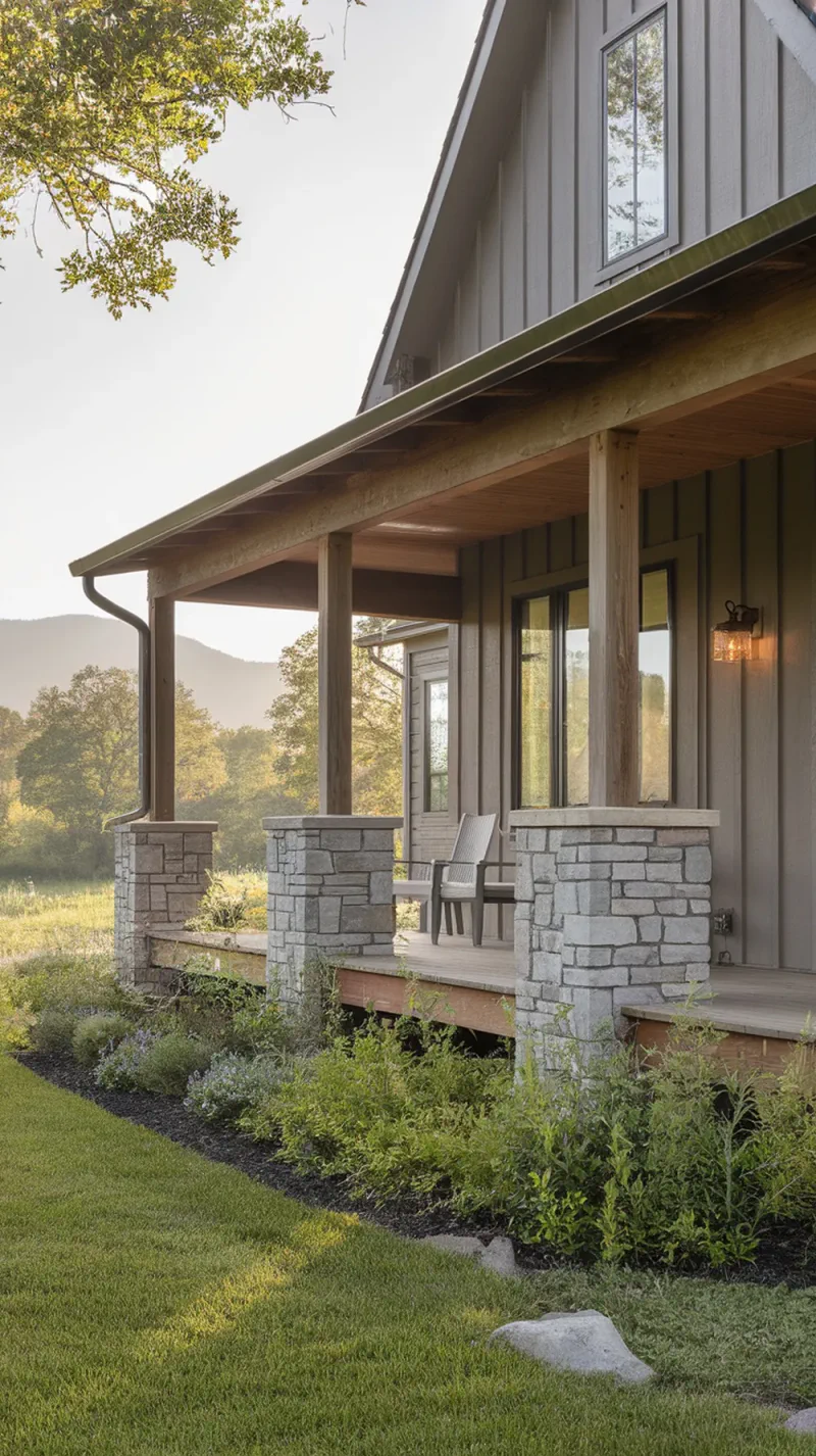 A modern farmhouse porch featuring square cedar posts and stacked slate pillars, surrounded by a well-kept lawn and greenery.