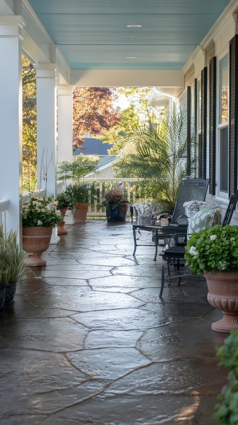 A front porch with stamped concrete flooring that mimics stone textures, surrounded by potted plants and seating.