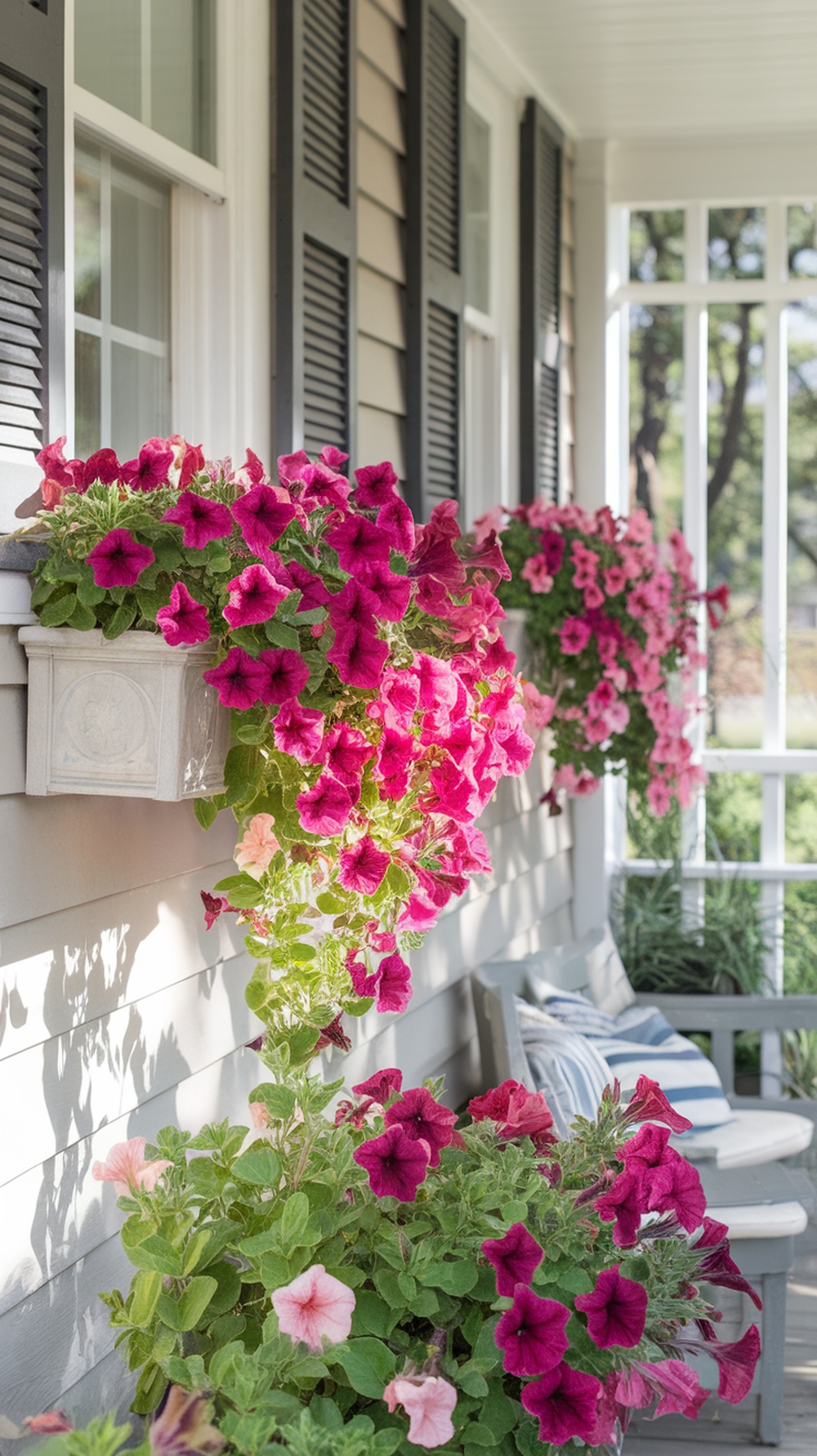 Window box planters filled with vibrant petunias in pink and pastel colors on a porch.