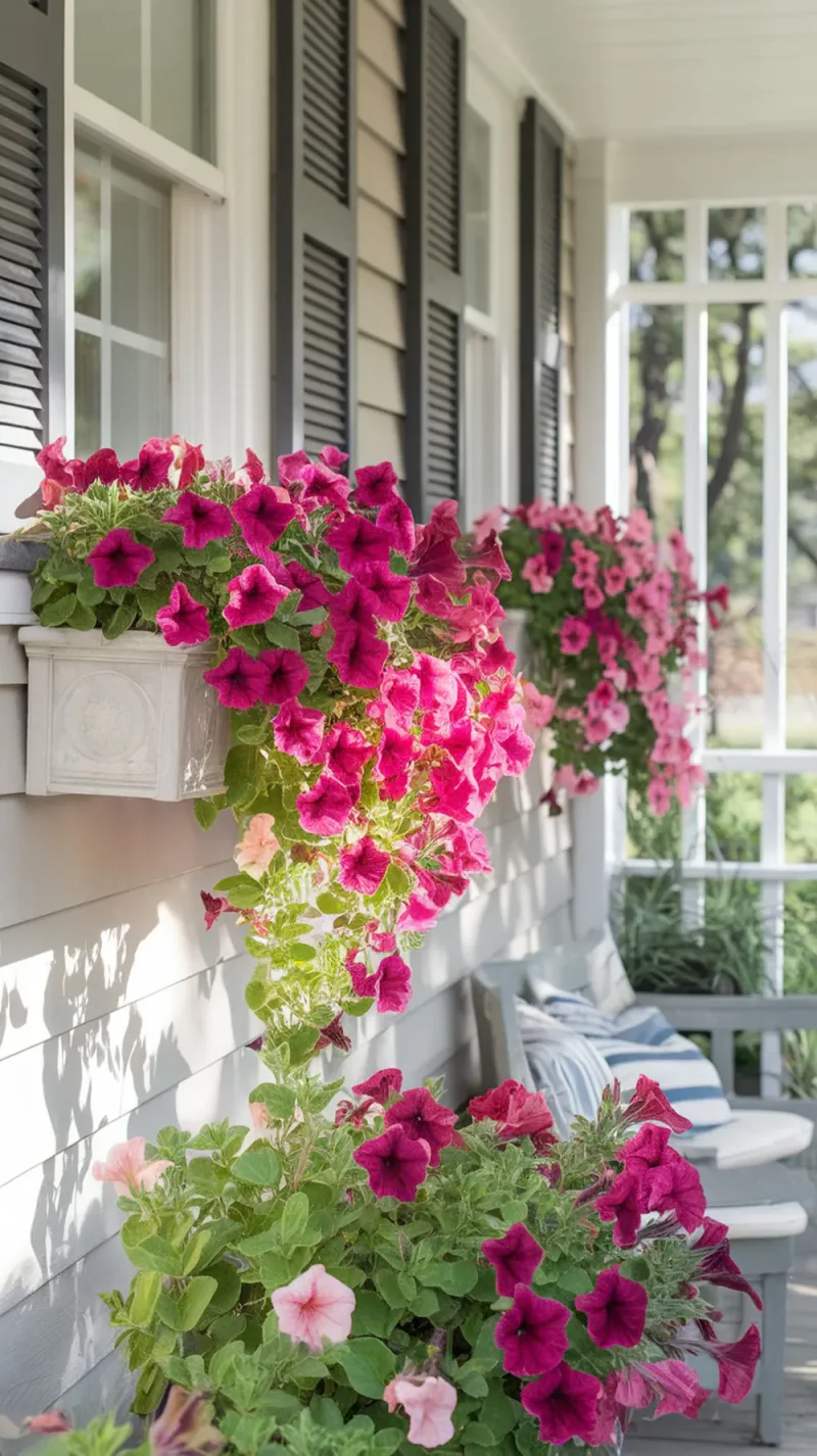 Window box planters filled with vibrant petunias in pink and pastel colors on a porch.