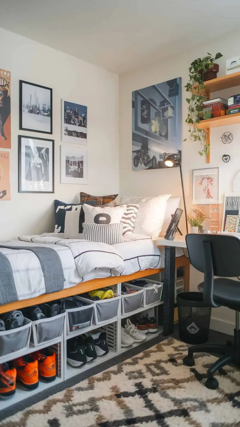 Dorm room with under-bed storage bins for organization