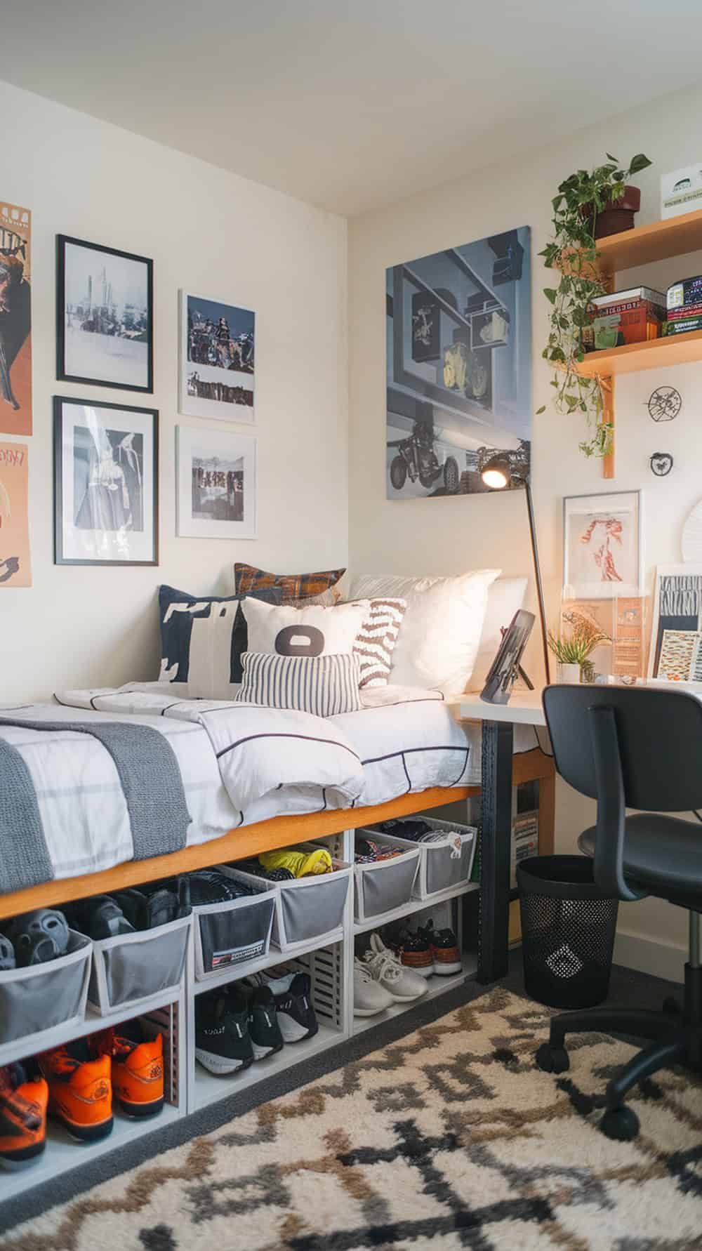 Dorm room with under-bed storage bins for organization