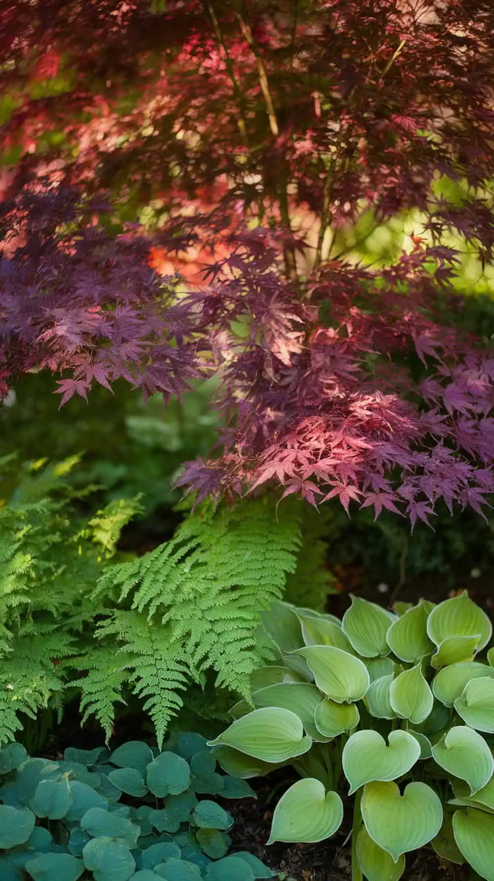 A beautiful arrangement of Japanese maple leaves with low-growing ferns and hostas underneath.