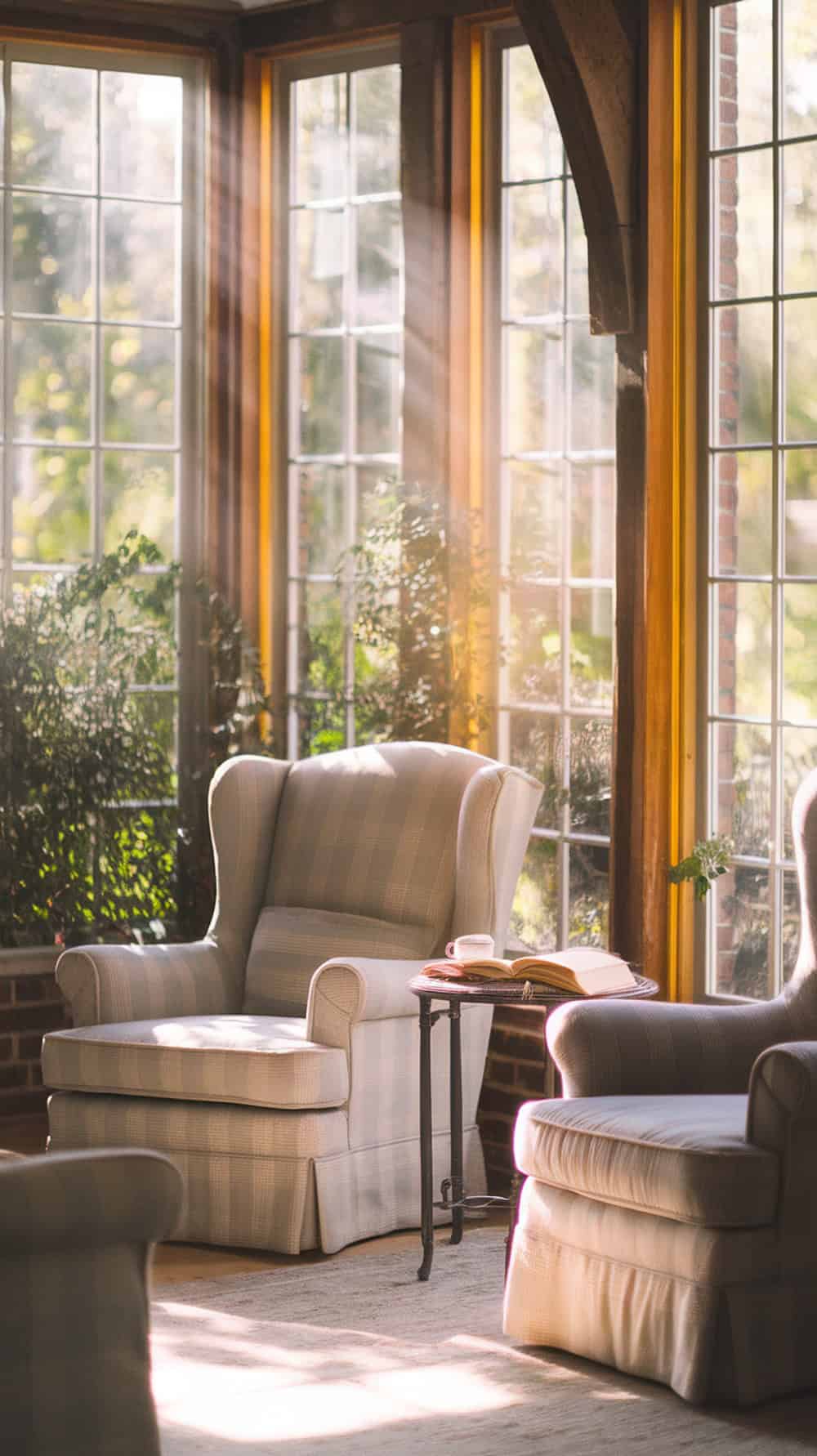 Two upholstered armchairs by large windows in a sunroom