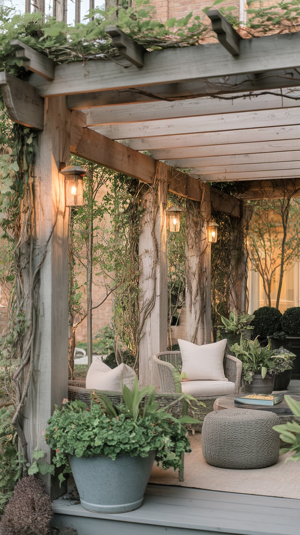 A cozy cedar pergola with climbing plants, comfy seating, and warm lighting.