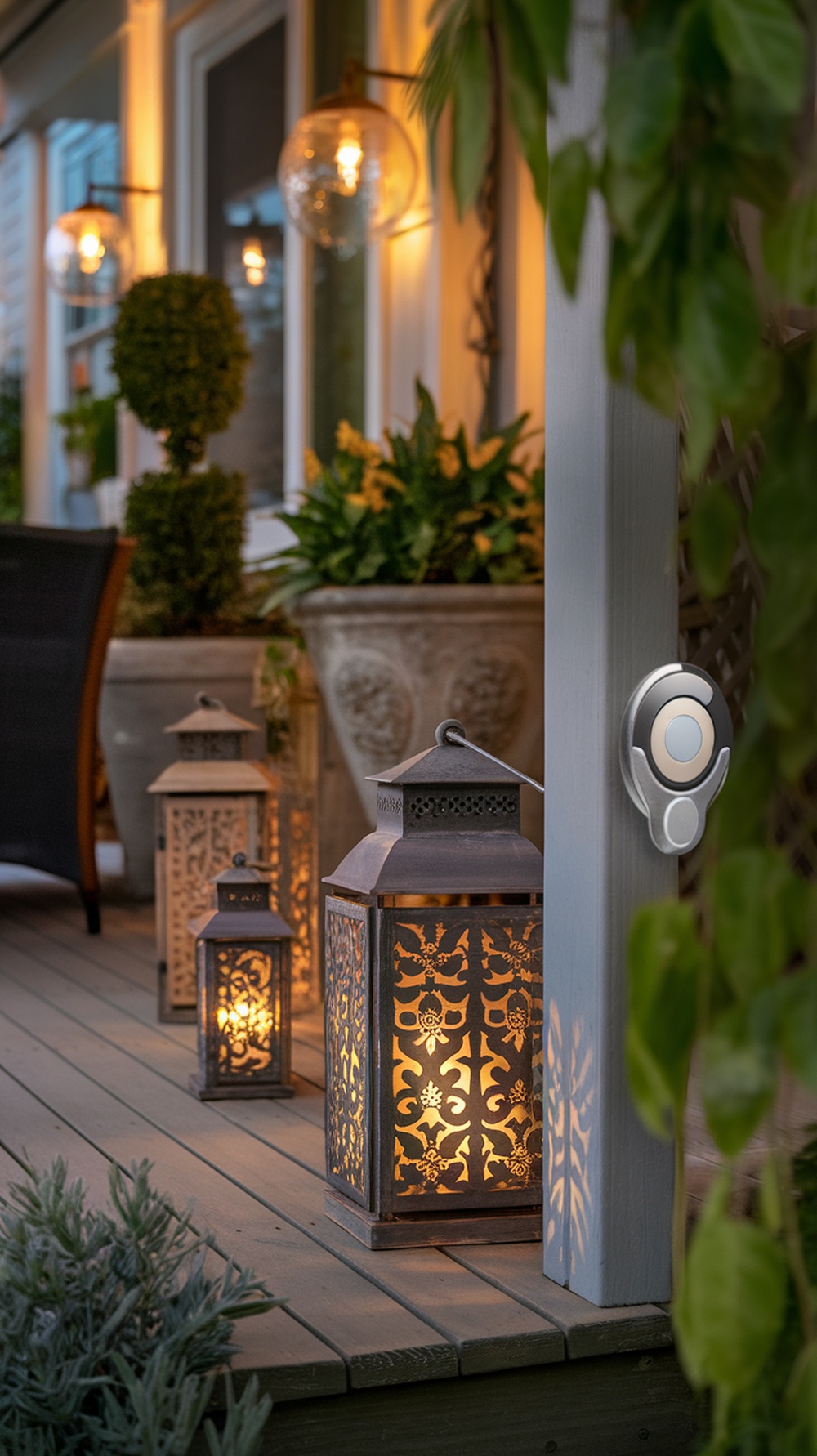 A beautifully lit front porch with decorative lanterns and a dimmer switch