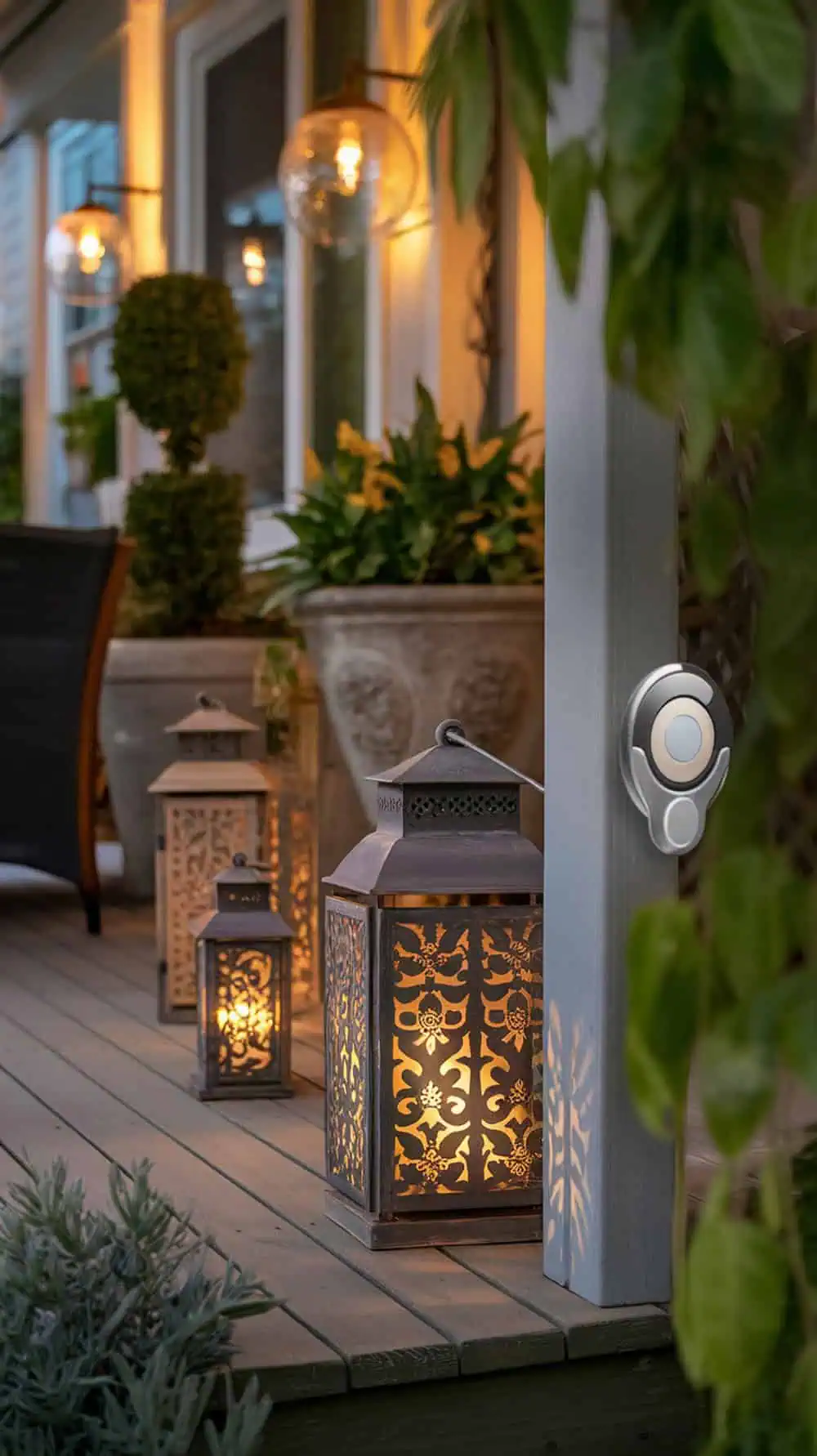 A beautifully lit front porch with decorative lanterns and a dimmer switch