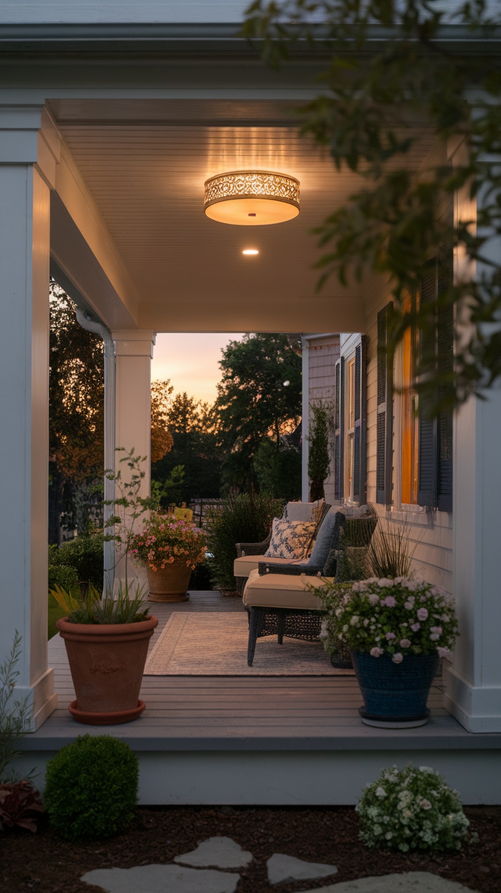 A cozy front porch with a flush mount ceiling light, showcasing a seating area decorated with plants and flowers at sunset.
