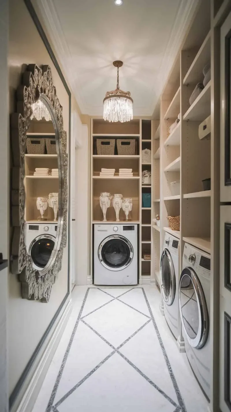 A stylish narrow laundry room featuring a large mirror, washing machines, and organized shelves.