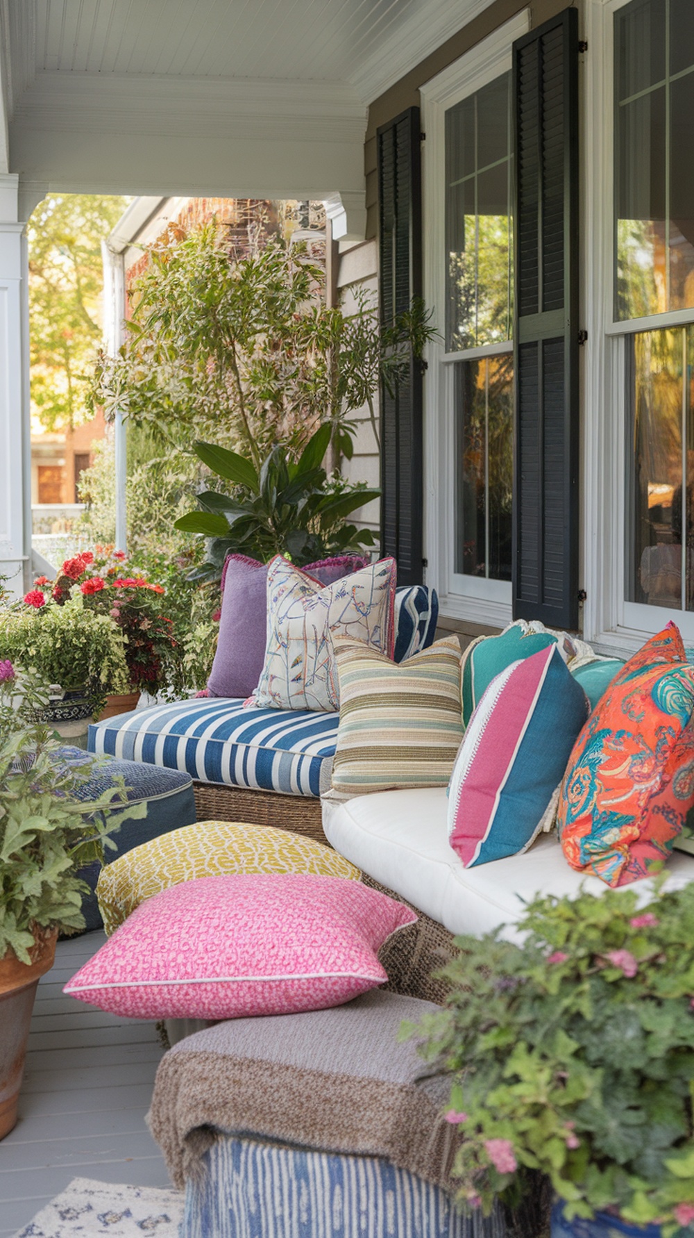 Colorful pillows and cushions arranged on a front porch sofa, surrounded by plants.