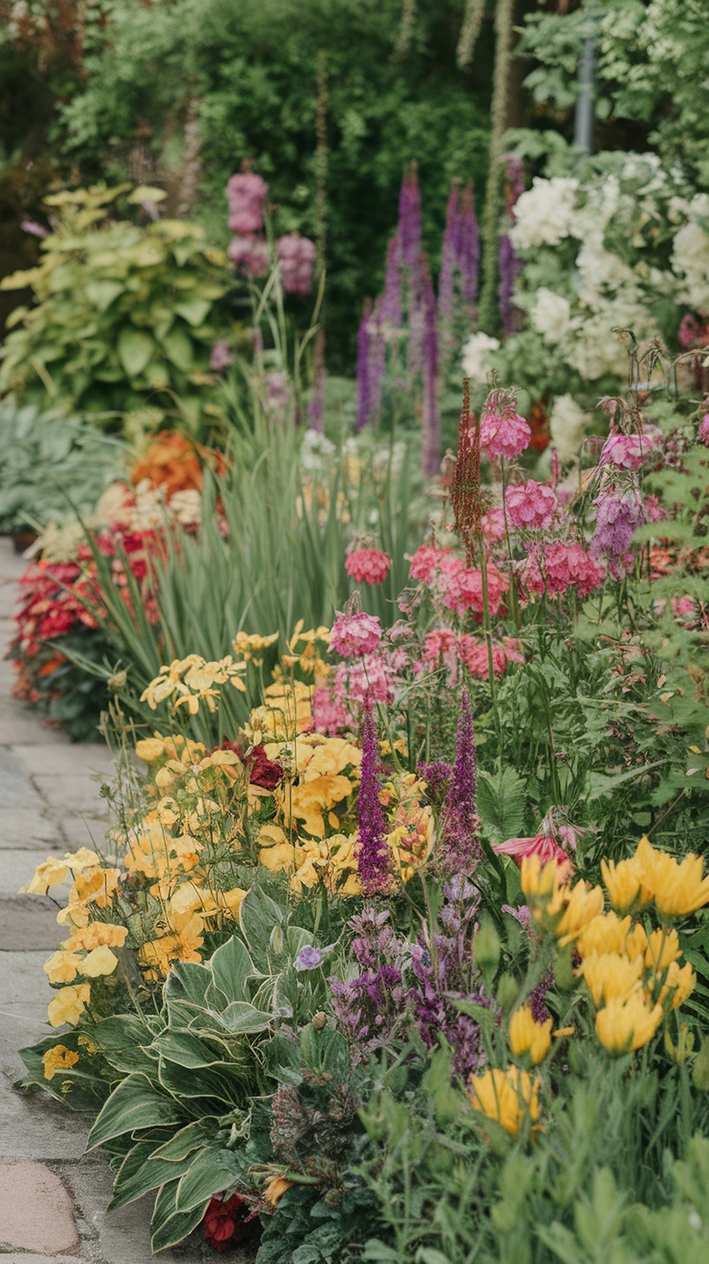 A colorful flower bed with a mix of perennials and annuals in a front yard.